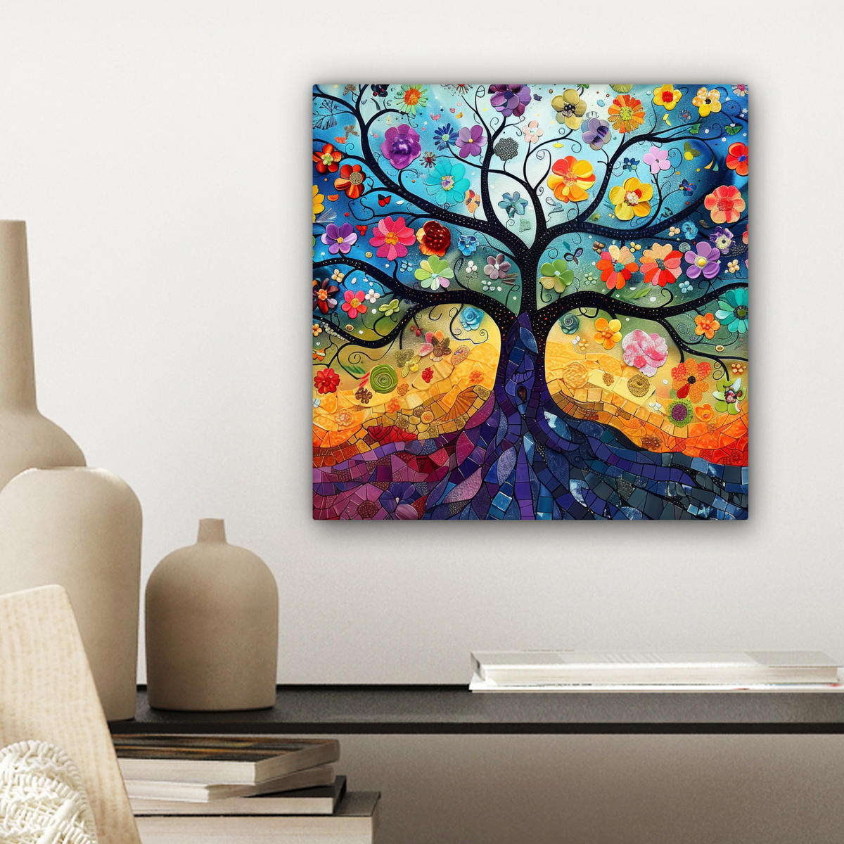 LEINWANDBILD Kunst - Baum des Lebens - Blumen - Hippie Deko Wohnzimmer 20x20 cm - Dunkelblau, Textil (20/20cm) - MuchoWow