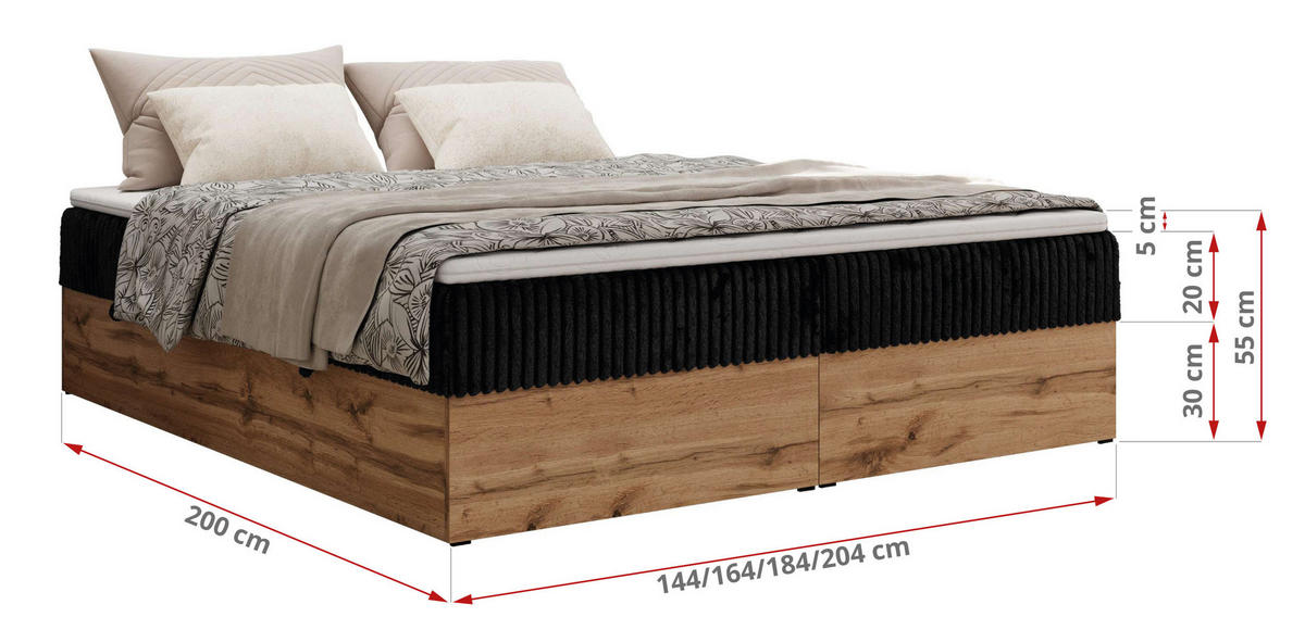 BOXBETT WOOD ZERO 160/200 - Schwarz Cord - H3 - Topper T25 - Schwarz, Textil (160/200cm) - MKS