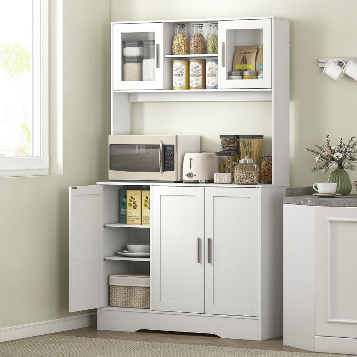 BUFFET DE-38807 108/35/180 cm 4 Schränke und Glastüren Weiß/Silber - Weiß, Holzwerkstoff (108/180/35cm) - ComfortXL