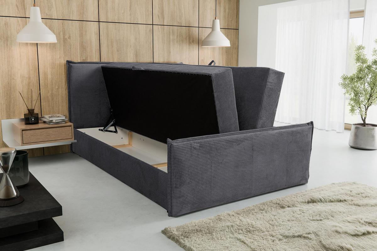 BOXBETT Vanessa mit 2 Bettkästen, 180x200, Farbe: Grau, Cordstoff, mit Bonell-Matratze inkl. Topper - Grau, Holz/Kunststoff (180/200cm) - VENASI MÖBEL