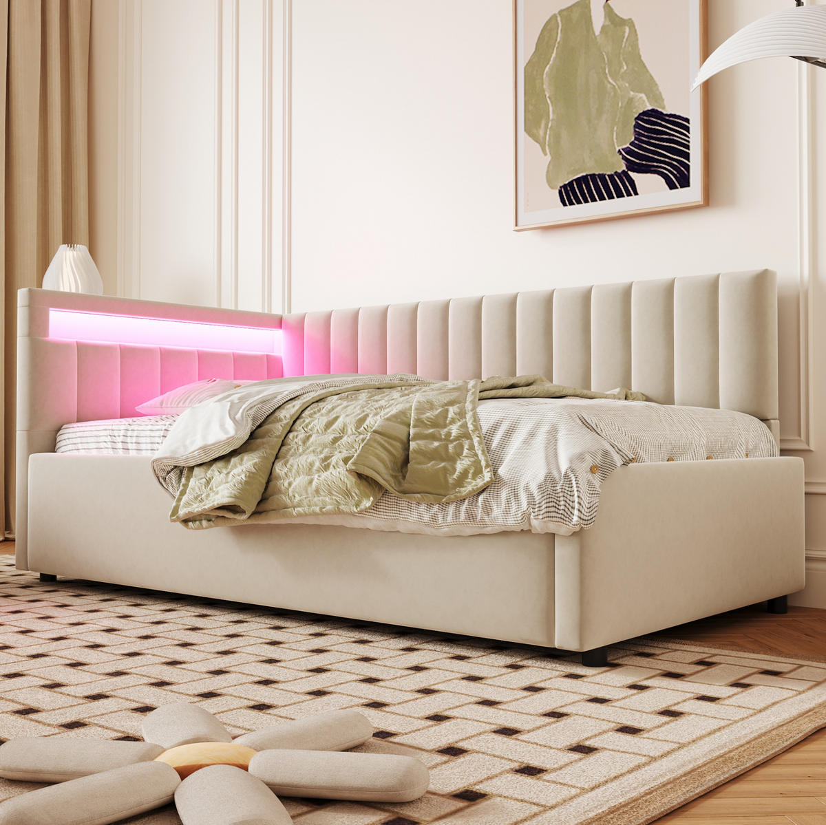 POLSTERBETT mit LED-Beleuchtung 90/200 cm mit Bettkasten in Beige - Beige, Textil (90/200cm) - BEAOK