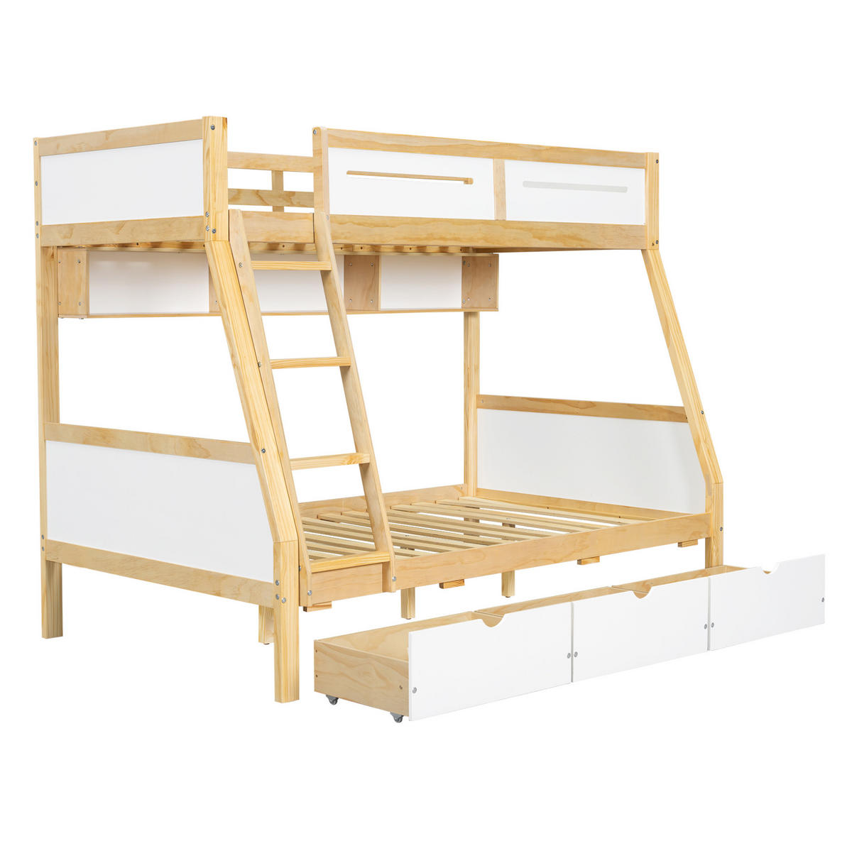 ETAGENBETT aus Kiefer und MDF 90x200/120x200 cm Weiß/Natur mit 3 Schubladen, Bilderbuchständer und Leiter - Weiß, Holzwerkstoff (90/200cm) - Modfu