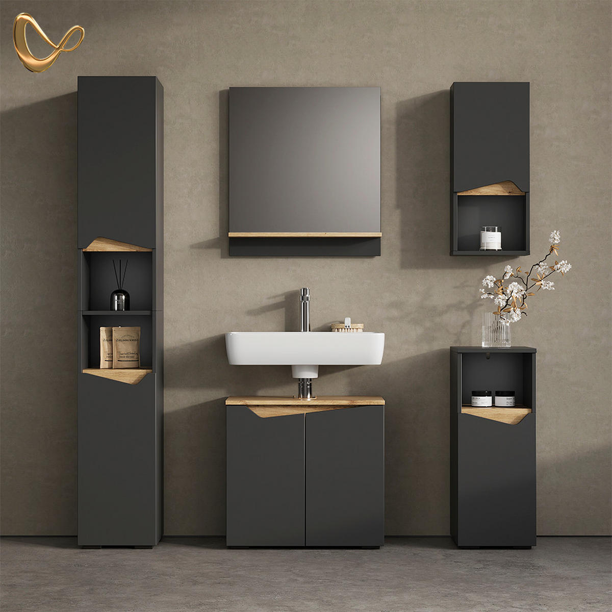 BADMÖBEL-KOMBINATION Timavo Anthrazit 5 Teile - Anthrazit/Eiche Artisan, Holzwerkstoff (60/57/35cm) - Livinity®