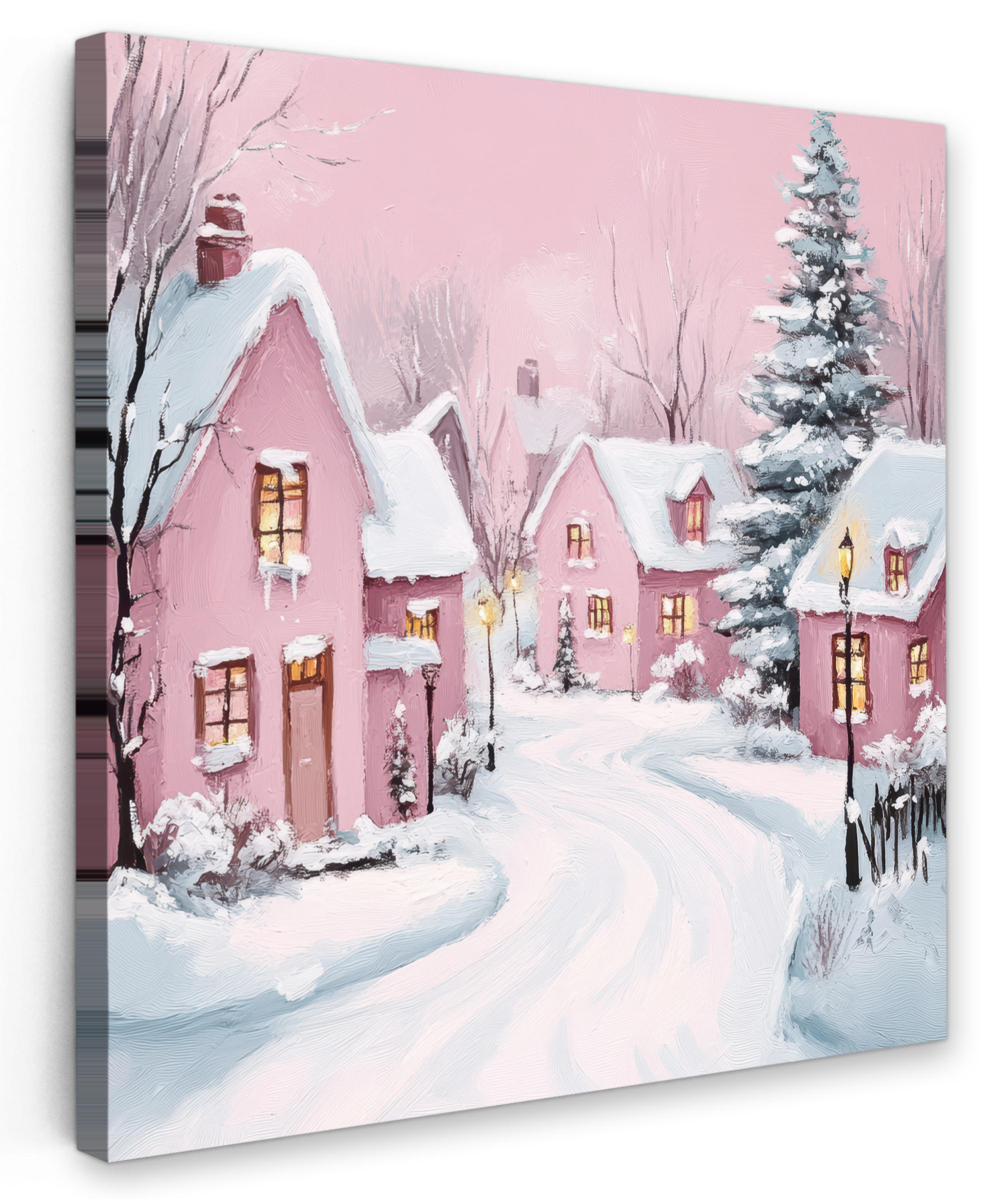 MuchoWow OBRAZ NA PLÁTNĚ Vánoční vesnice - Růžová - Zima - Sníh - Domy 20x20 cm