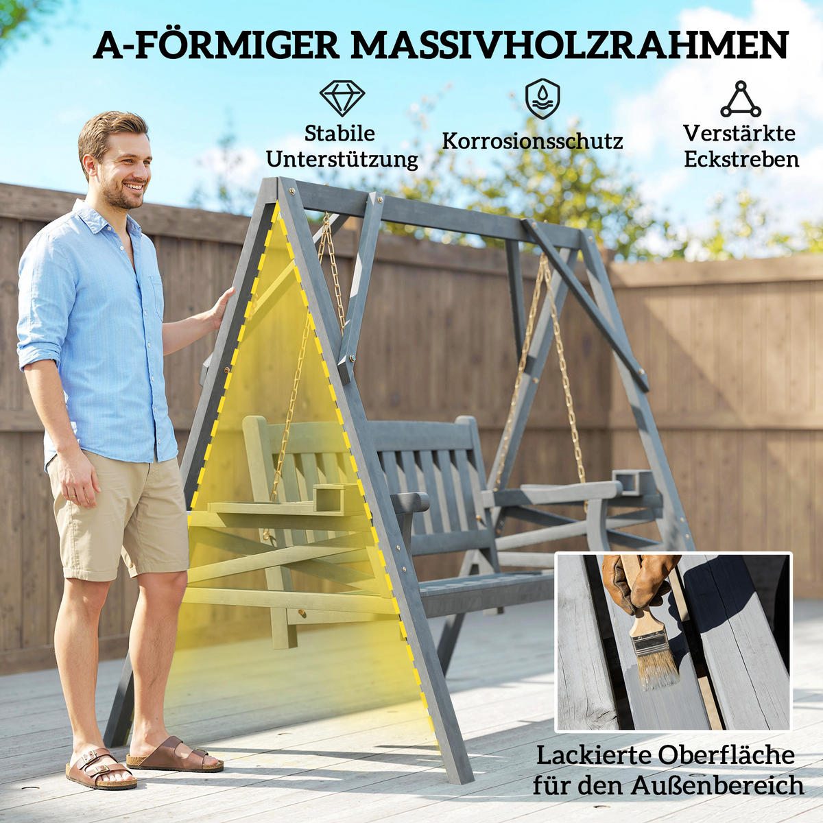 HOLLYWOODSCHAUKEL Grau 183.0/120.0/160.0cm - Grau, Holz (120/160/183cm)