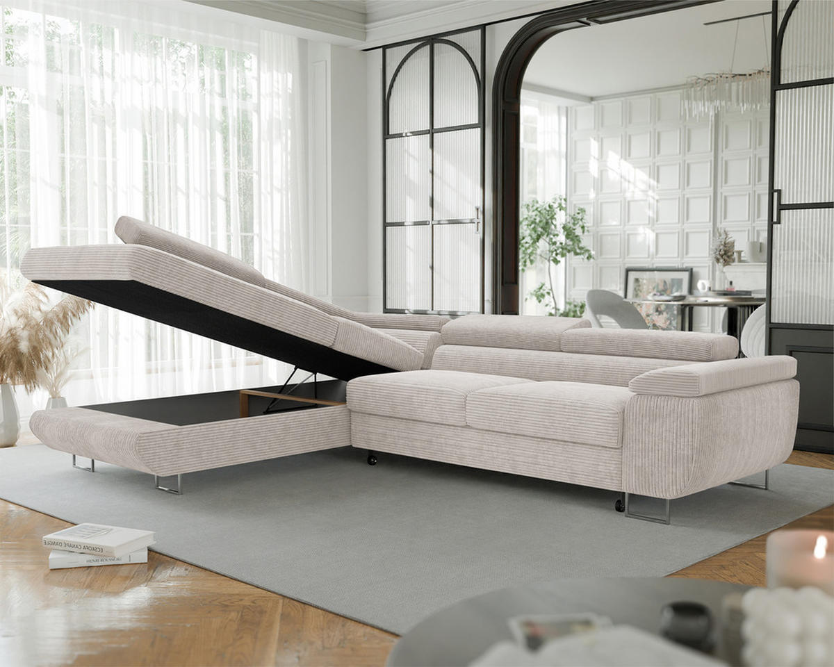 ECKSOFA ANTON mit Schlaffunktion und Bettkasten Creme - Creme, Holzwerkstoff/Kunststoff (274/203cm) - Idohome