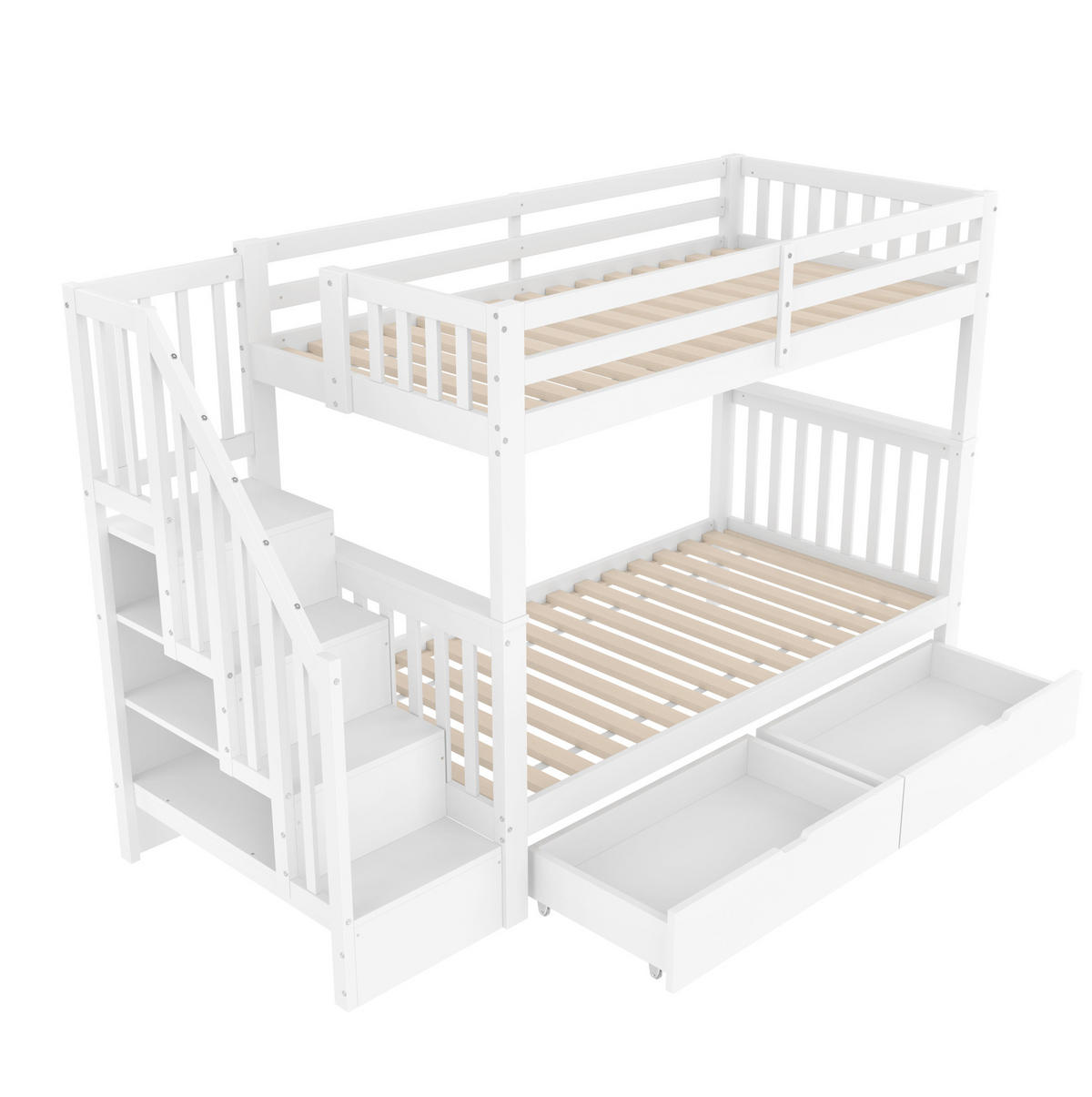 ETAGENBETT 90/200 cm in Weiß mit Treppenregal und 2 Schubladen - Weiß, Holz (90/200cm) - BEAOK
