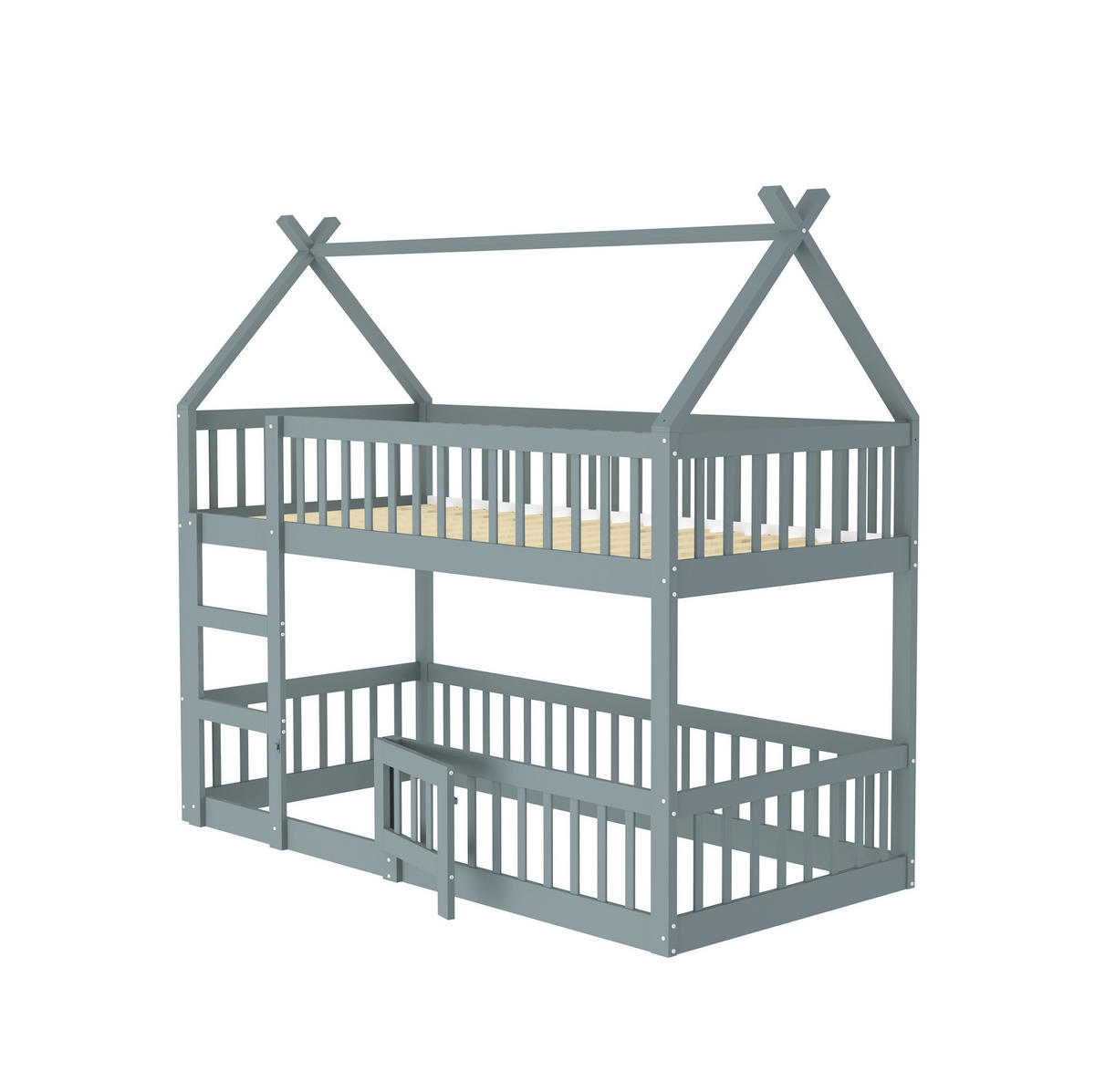 ETAGENBETT 90/200 cm in Grau aus Massivholz mit Treppe und Spielbereich - Grau, Holz (90/200cm) - OKMYHOME