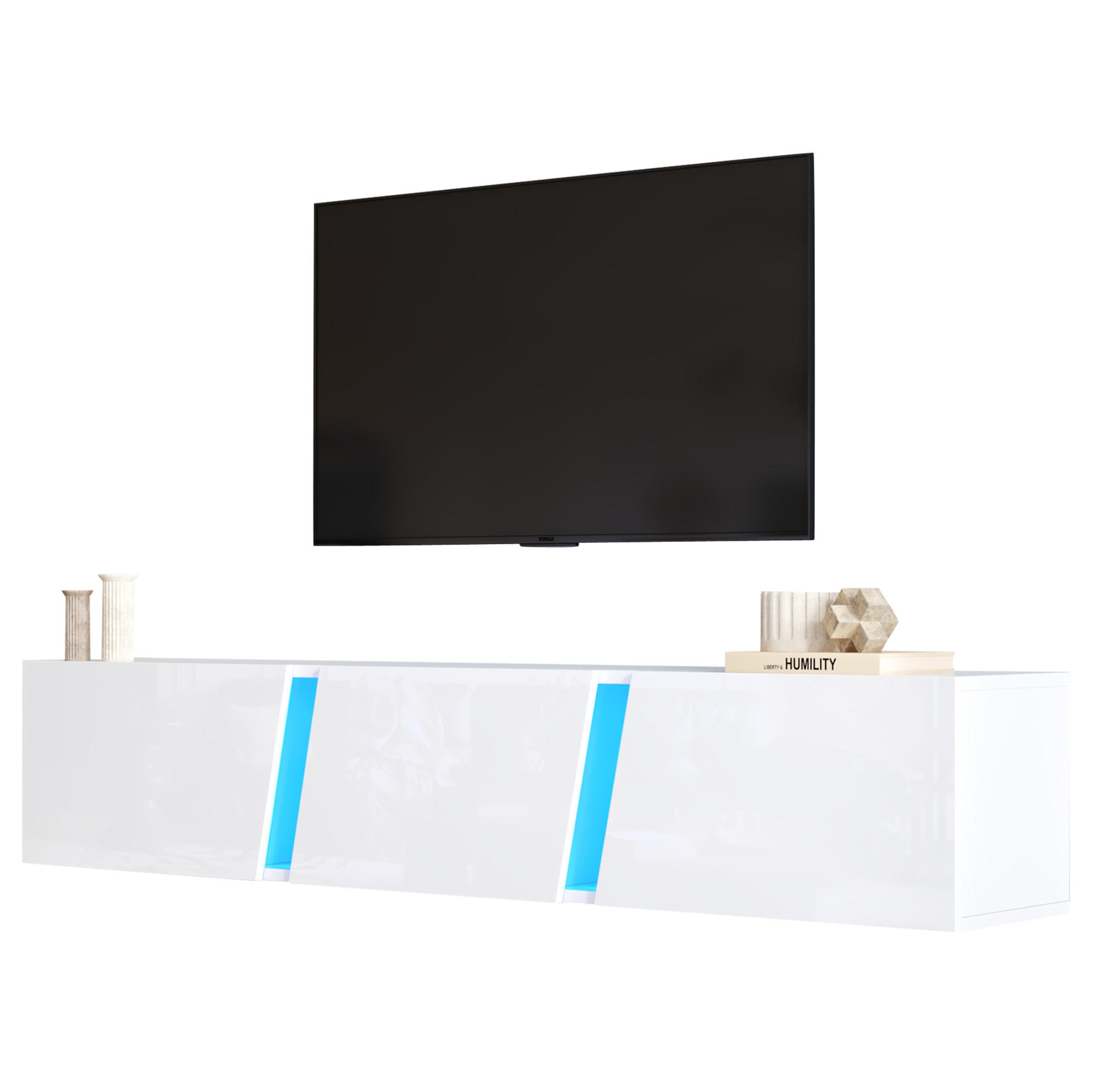 TV-SCHRANK wandmontiert 180 x 35 x 30 cm Hochglanz Weiß mit LED - Weiß, Holzwerkstoff (35/30/180cm) - Beauniv