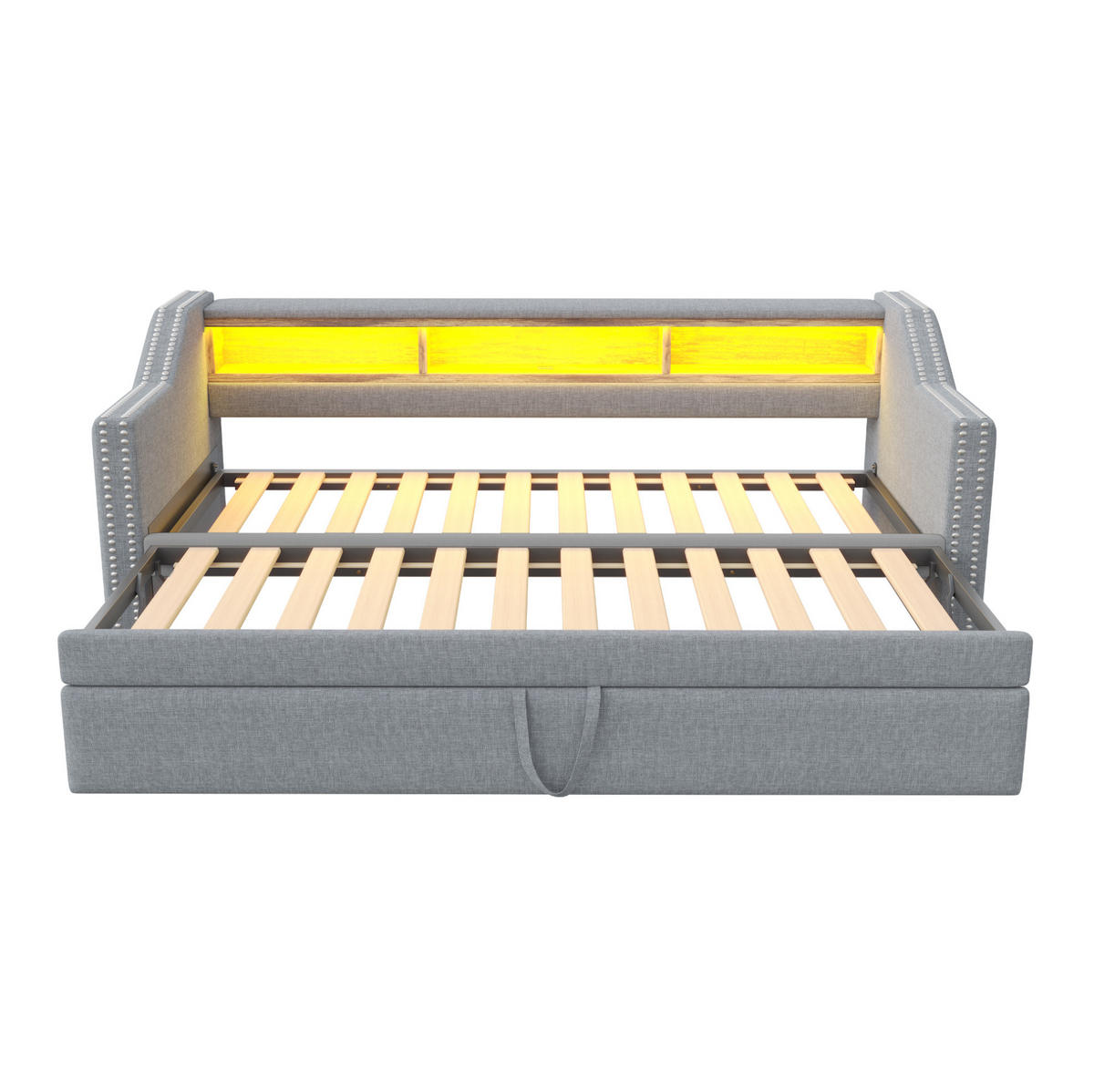 MULTIFUNKTIONSBETT 90/190 cm und 180/190 cm Hellgrau mit LED-Beleuchtung und USB-Anschluss Mit Matratze - Hellgrau, Textil (90/190cm) - OKWISH