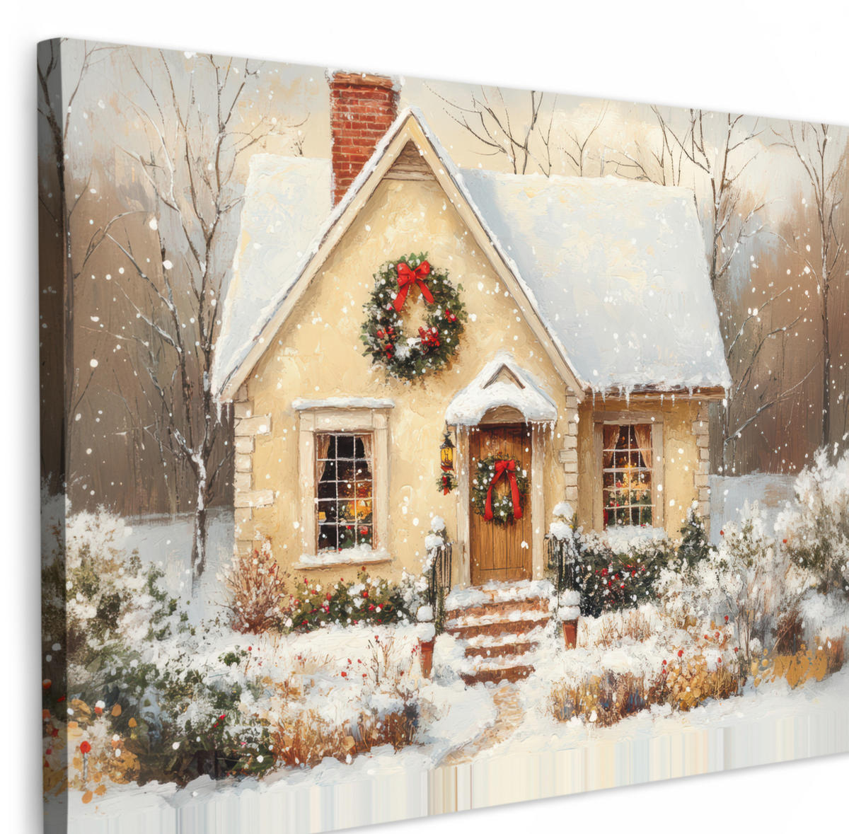 LEINWANDBILD Weihnachten - Zuhause - Winter - Schnee Wohnzimmer 120x80 cm - Creme, Textil (120/80cm) - MuchoWow