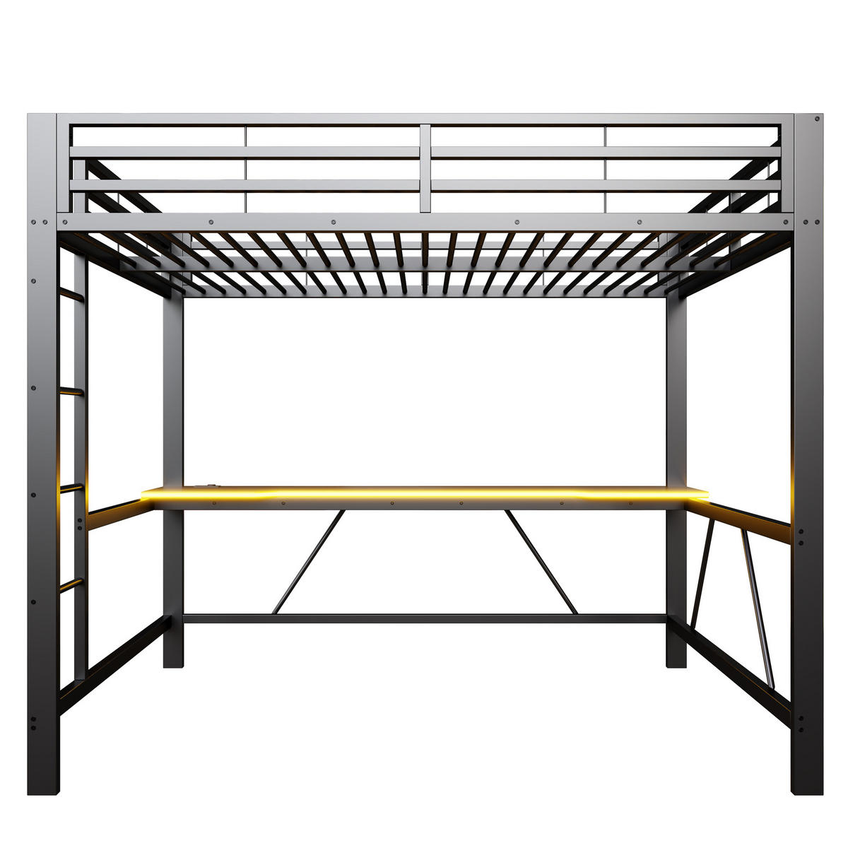 HOCHBETT 160/200 cm in Schwarz mit Schreibtisch, LED und USB Metall - Schwarz, Metall (160/200cm) - CHICFURN