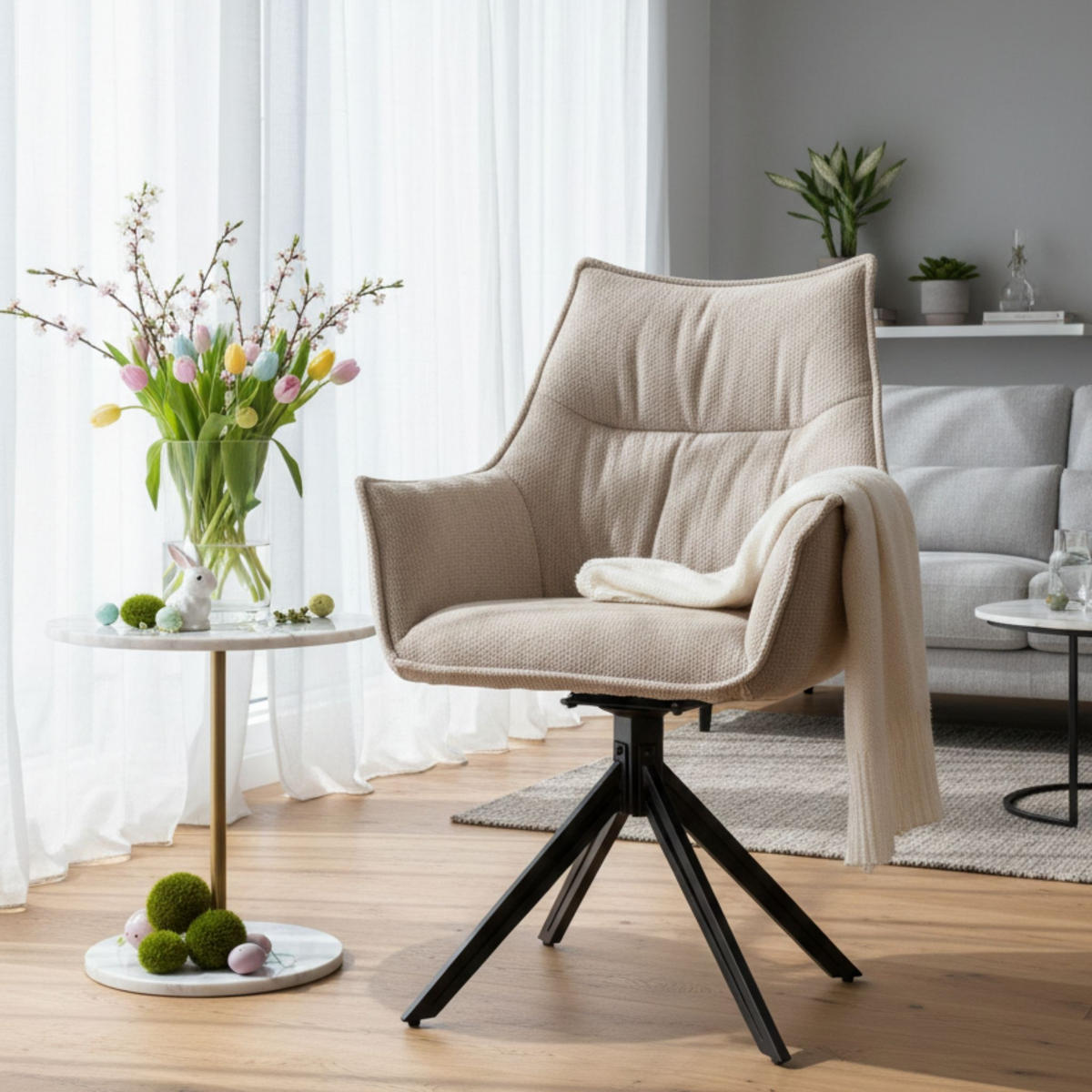 ESSZIMMERSTUHL Ginosa drehbar 60/90/64 cm - Beige/Schwarz, Textil/Metall (62/90/66cm) - Mr. Deko