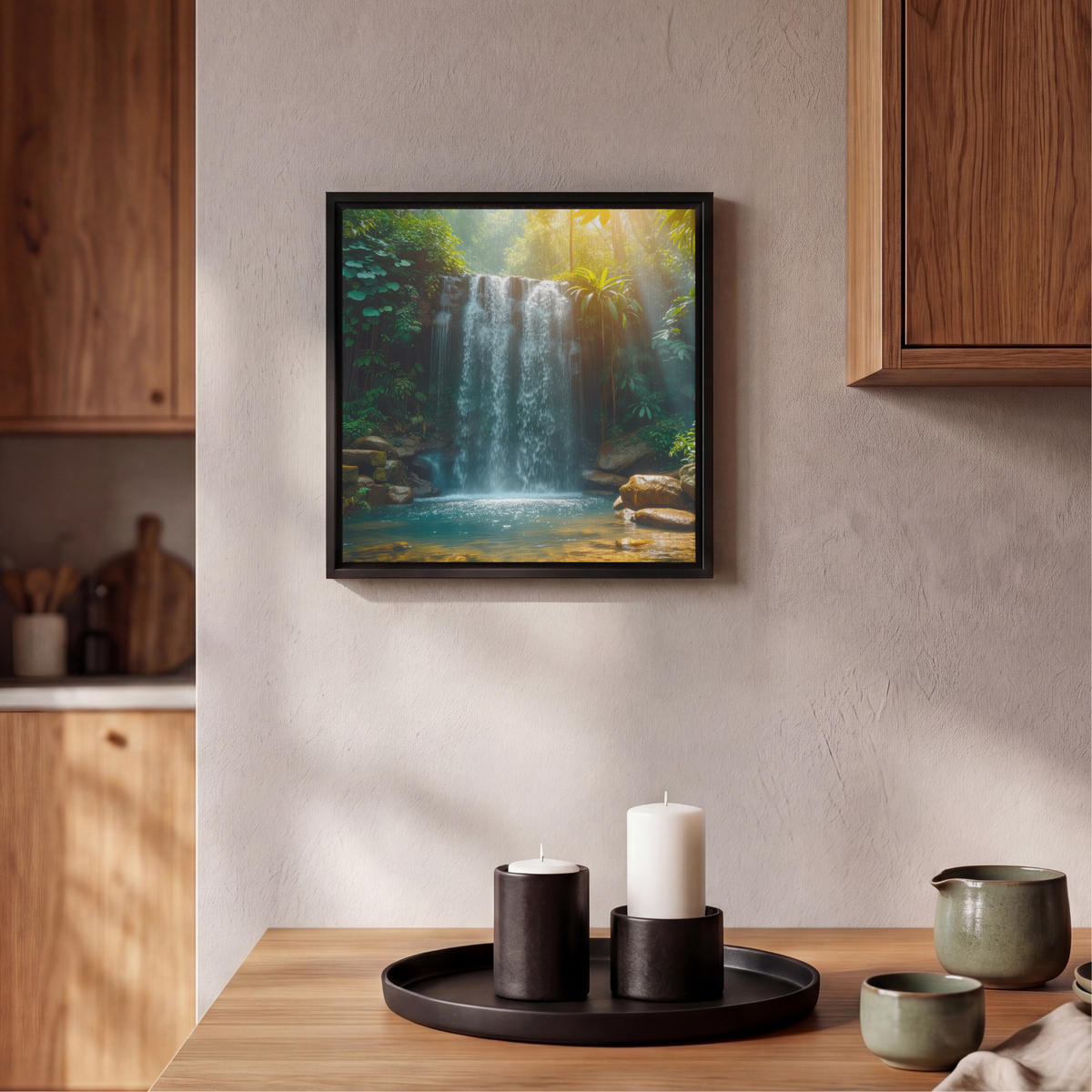 LEINWAND Bilder mit Rahmen - Wasserfall - Dschungel - Sonne - Grün - Natur - 20x20 - Grün, Textil (20/20cm) - MuchoWow
