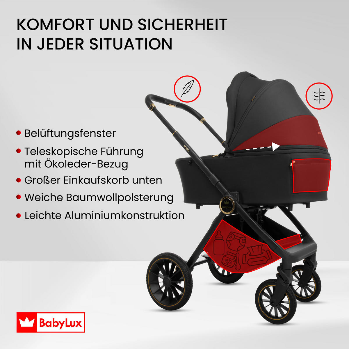 KINDERWAGEN Rosso 3in1 Schwarz Babywanne, Buggy Sportsitz, Babyschale I-Size - Schwarz, Textil/Metall (58/99cm) - BabyLux
