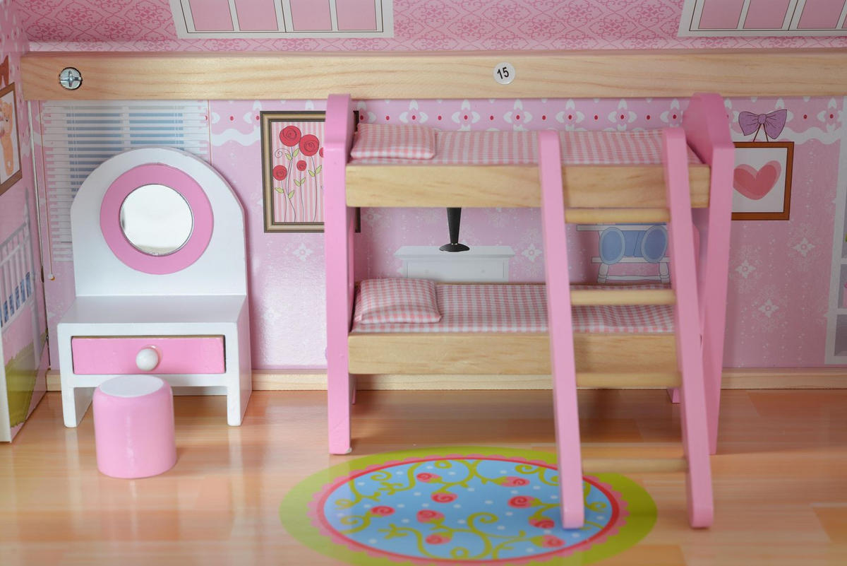 PUPPENHAUS Mila 4110 bunt Holz, 16-teiliges Möbelset, 3 Etagen, verschiedene Räume, Rollenspiel - Multicolor, Holz (62/70/31cm) - Moni
