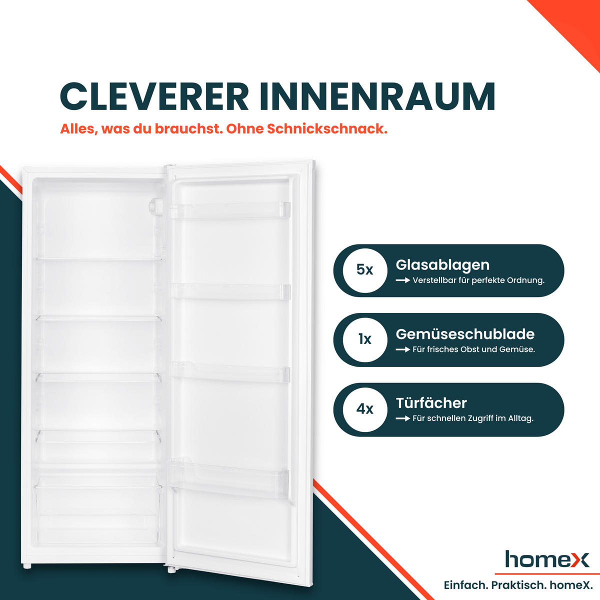KÜHLSCHRANK CS2422E-W ohne Gefrierfach groß - 242 Liter, freistehend, 143 cm hoch, weiß - Weiß, Glas/Kunststoff (54.5/143/55.5cm) - homeX