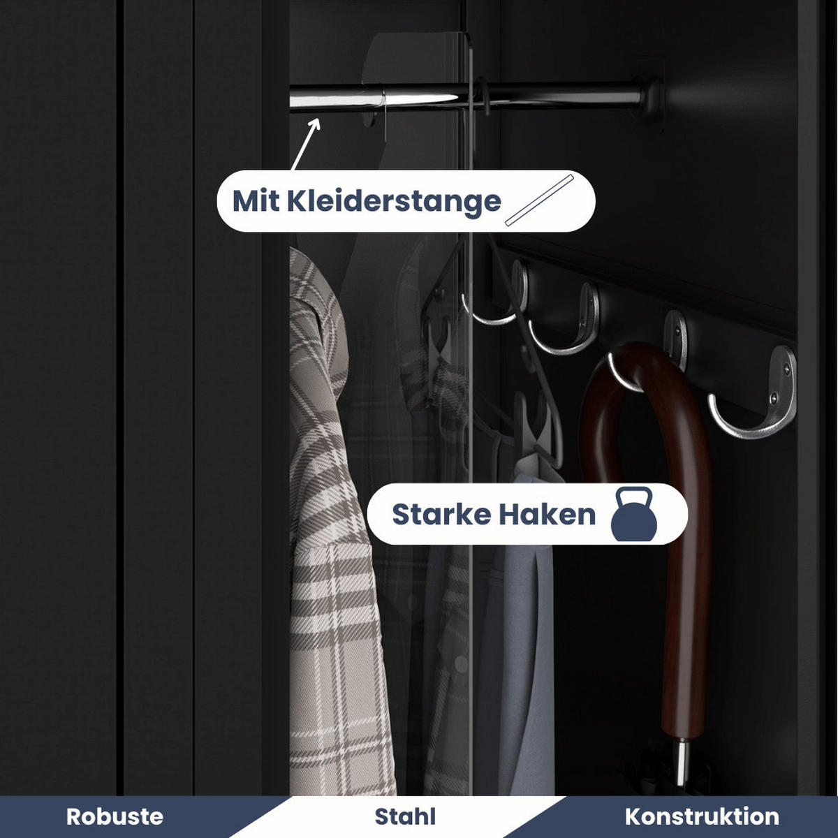 UMKLEIDESCHRANK Spind WIEN 2 Abteile 180x60x50cm Schwarz - Schwarz, Metall (60/180/50cm) - DELUKE