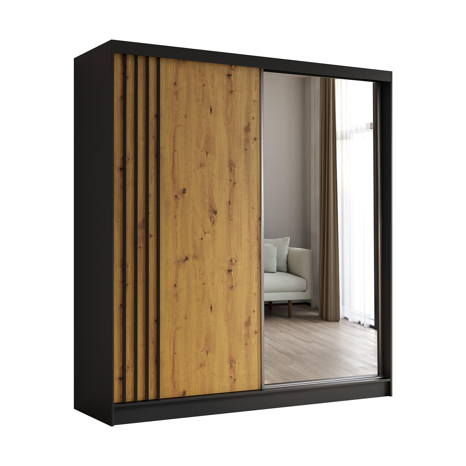 SCHWEBETÜRENSCHRANK Neli 200 cm mit Lamellen und Spiegel 2-türig, schwarz, Artisan, Lamelle schwarz - Schwarz, Kunststoff (200/216/61cm) - Margaret Hadas24