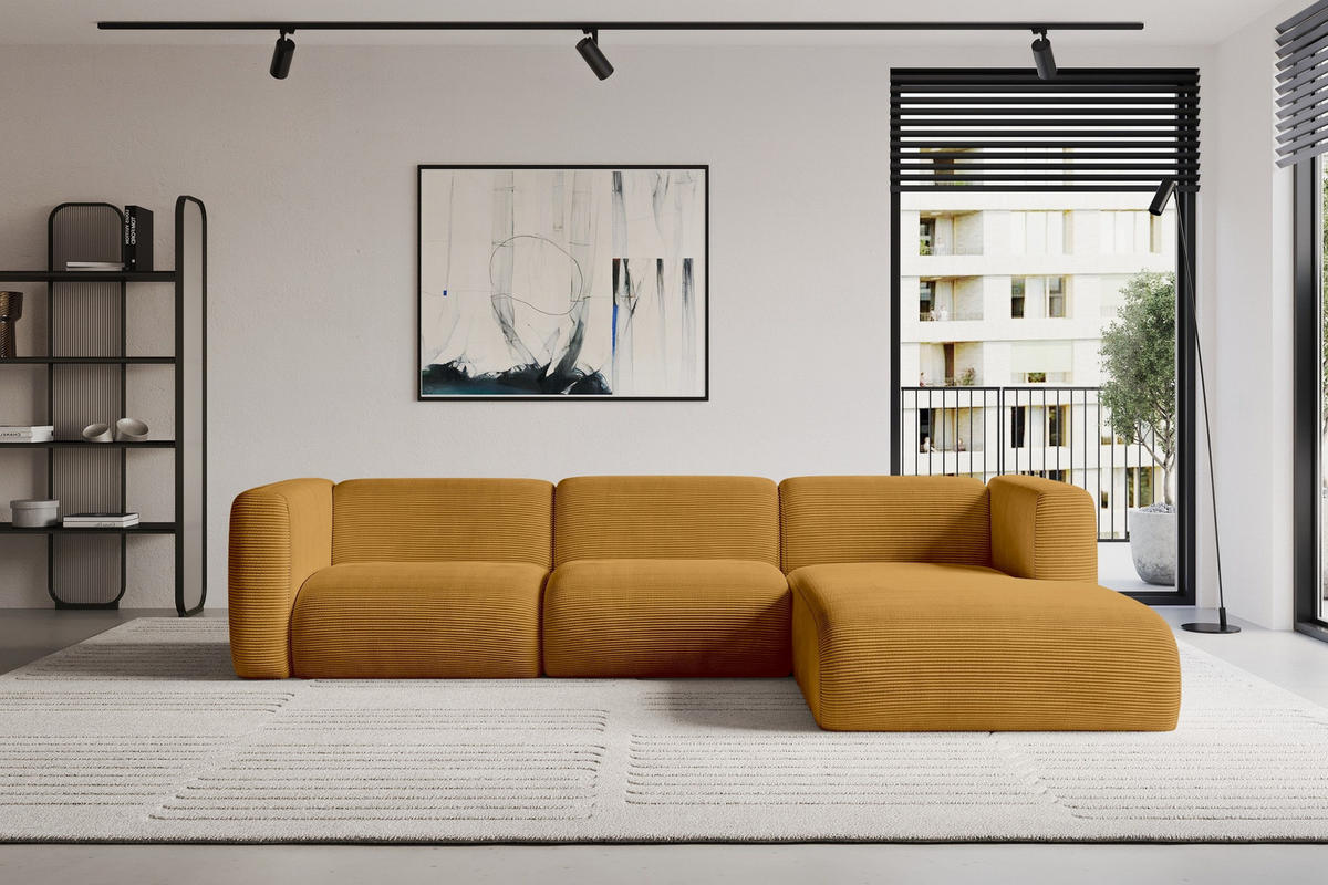 ECKSOFA Ottomane Rechts MIRA-L2 318x179x89 Senfgelb Cord - Currygelb/Schwarz, Holzwerkstoff/Kunststoff (318/179cm) - ALTDECOR