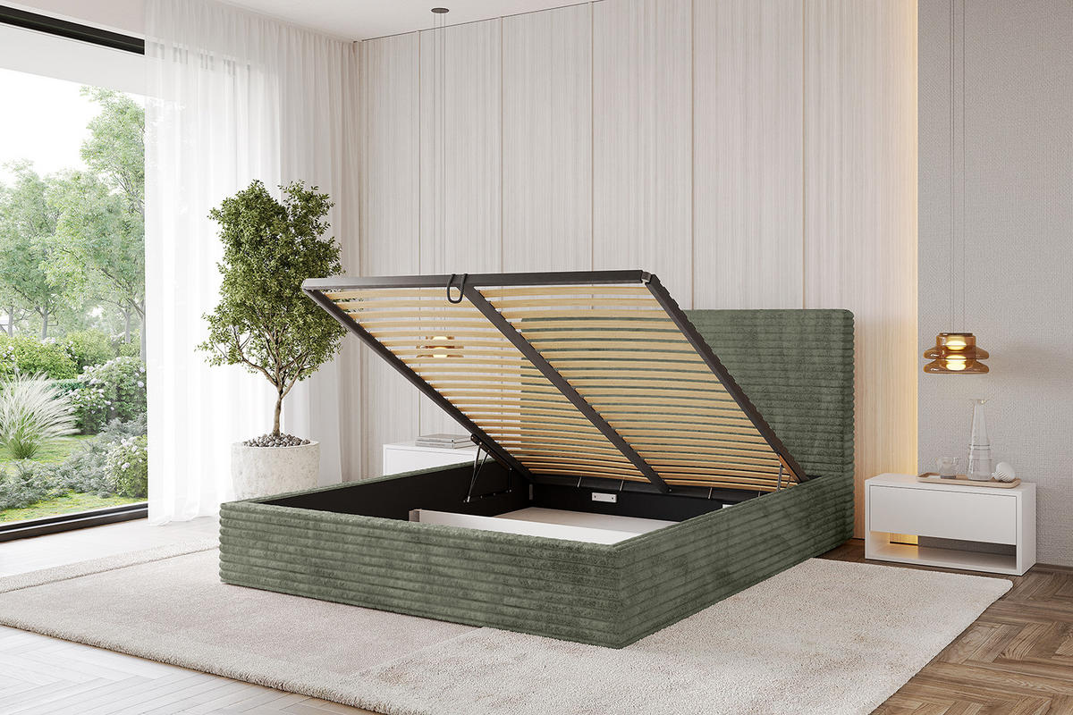 POLSTERBETT mit Bettkasten und Lattenrost, Boxbett ohne Matratze - ALOVA - Olivgrün, Holzwerkstoff/Textil (120/200cm) - ALTDECOR