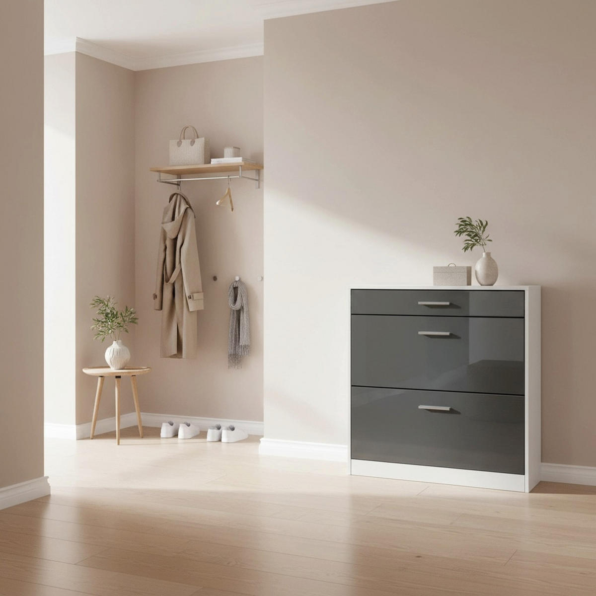 SCHUHSCHRANK Roma Schmal mit 2 Klappen und 1 Schublade, Platzsparender Schuhkipper, Weiß matt/Grau Hochglanz (89 x 95,5 x 23 cm) - Grau, Holzwerkstoff (89/95.5/23cm) - InnoFurn