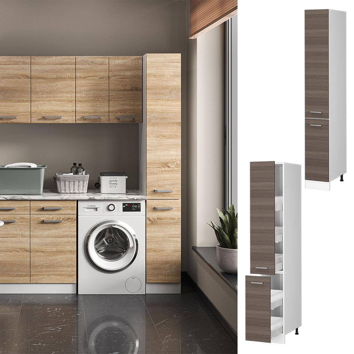 HOCHSCHRANK R-Line Grau 30 cm mit Türen - Weiß/Grau, Holzwerkstoff (30/207/57.2cm) - Vicco