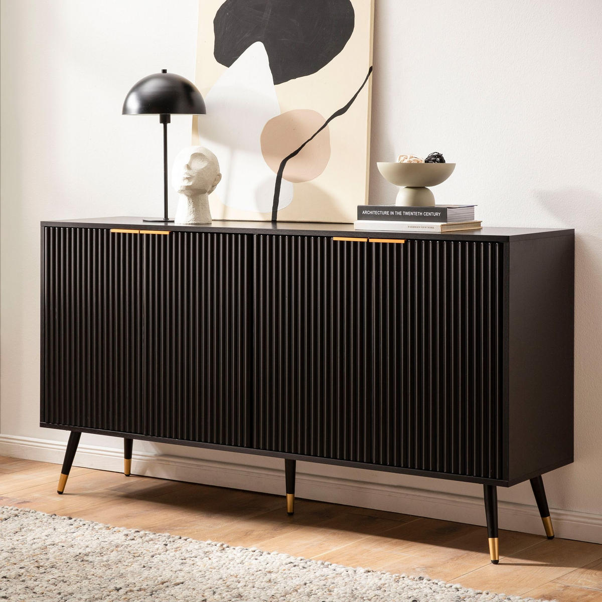 SIDEBOARD – Schwarz/Eiche-Dekor, 150x81x39 cm, mit Türen, Metallbeine - Goldfarben/Schwarz, Holzwerkstoff/Metall (150/81/39cm) - KADIMA DESIGN