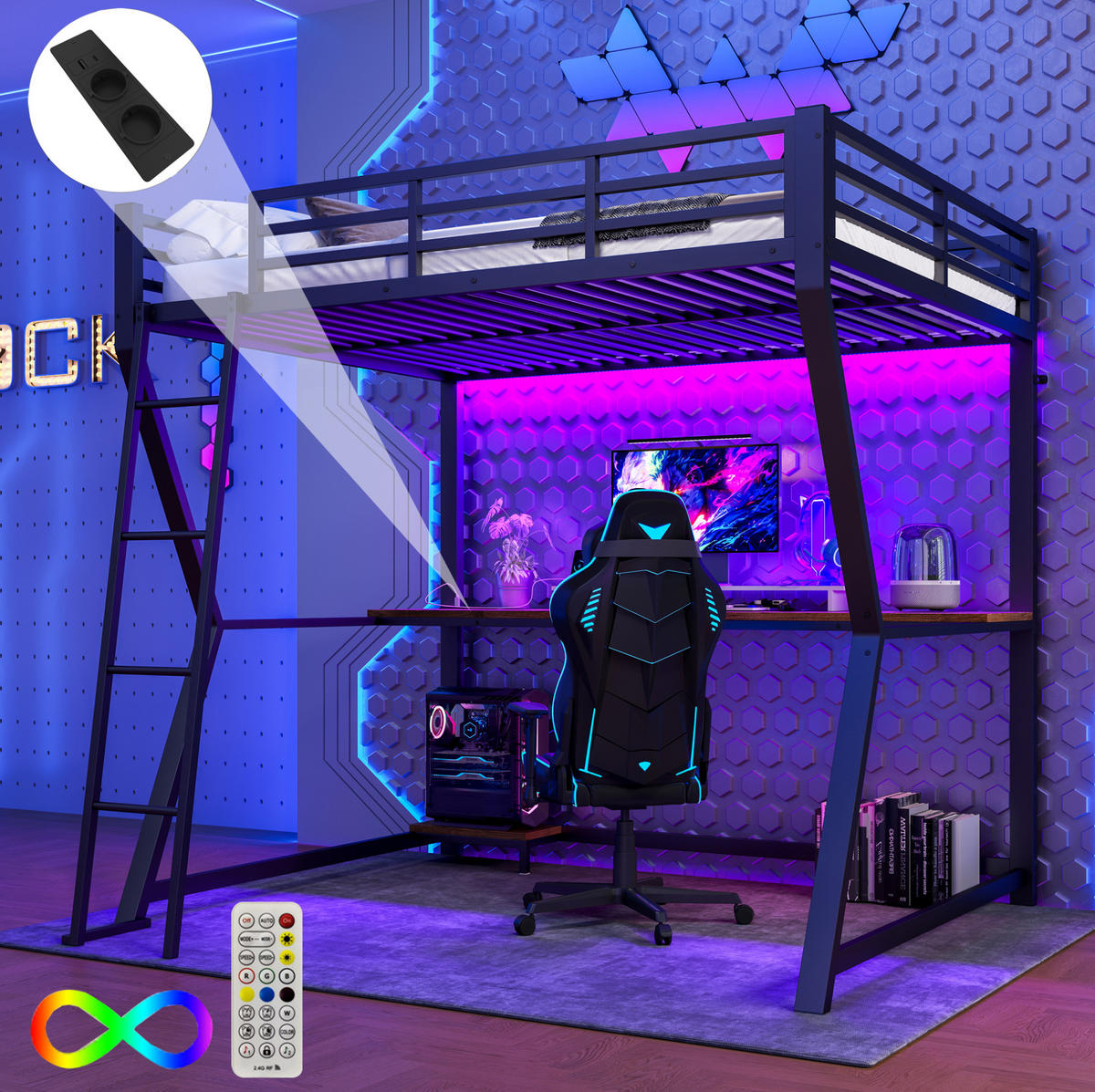 HOCHBETT 140/200 cm Schwarz mit LED-Leuchten und Schreibtisch mit Matratze - Schwarz, Metall (140/200cm) - OKWISH