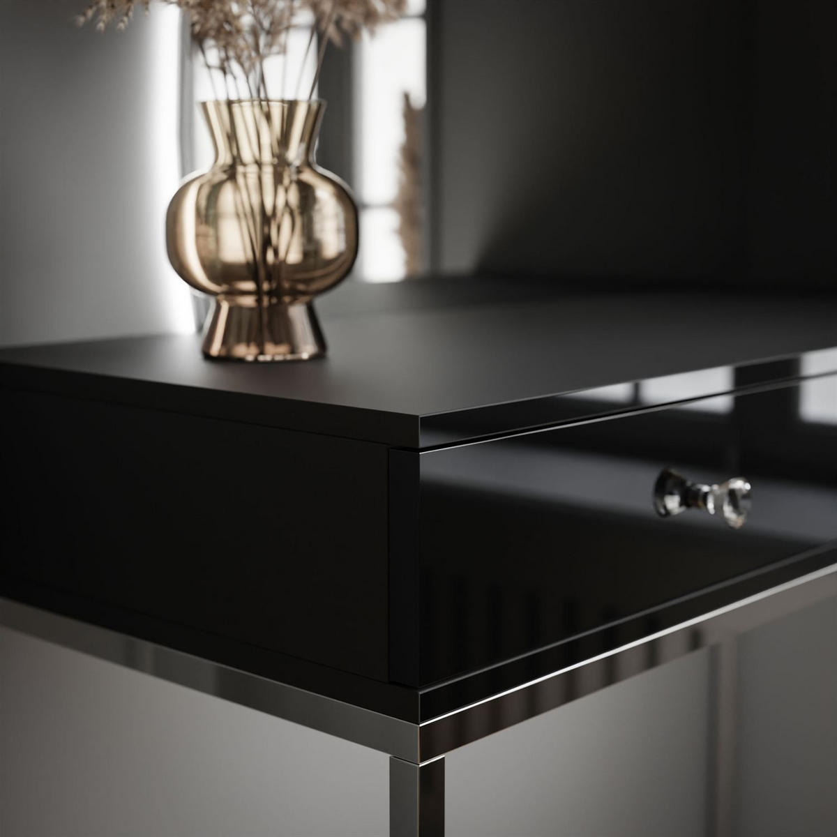 SCHMINKTISCH schwarz QUINNIE GLAMOUR mit LED-Spiegel links Griff Kristall - Silberfarben/Schwarz, Holzwerkstoff (100/176/42cm) - Lookway