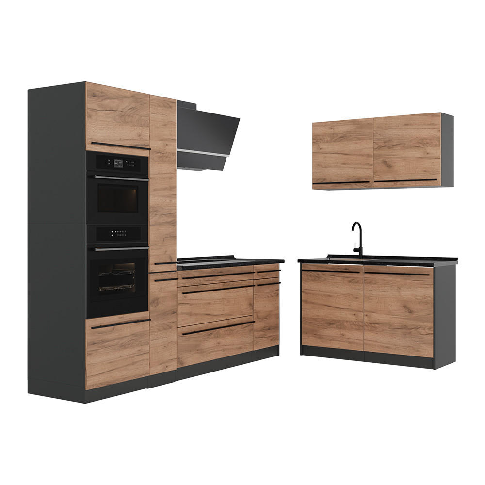 KÜCHENZEILE R-Line, Goldkraft Eiche/Anthrazit, 340 cm ohne Arbeitsplatte - Honigeiche/Anthrazit, Holzwerkstoff (340/206.8/46cm) - Vicco