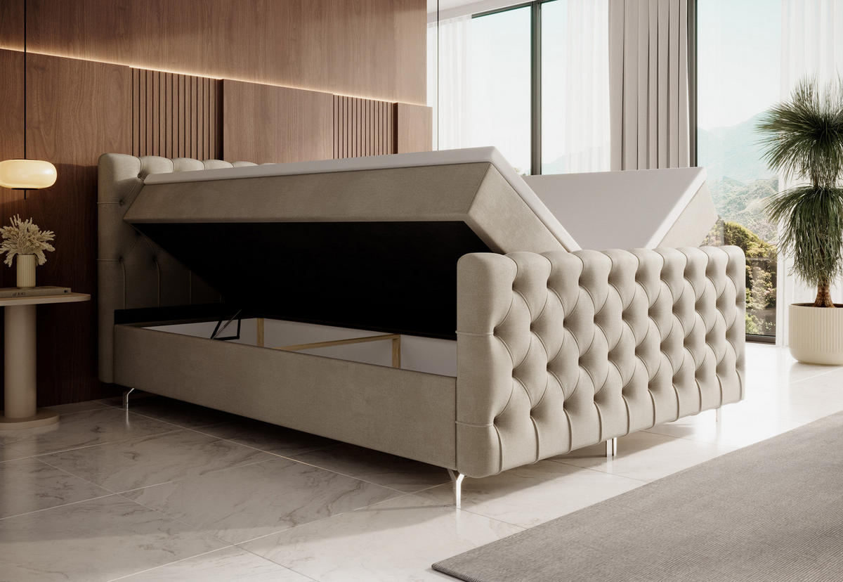 BOXBETT CHESTER PLUS 200x200, mit Matratze H3 und Topper, Monolith 02 - Creme, Holz/Textil (200/200cm) - Bedante