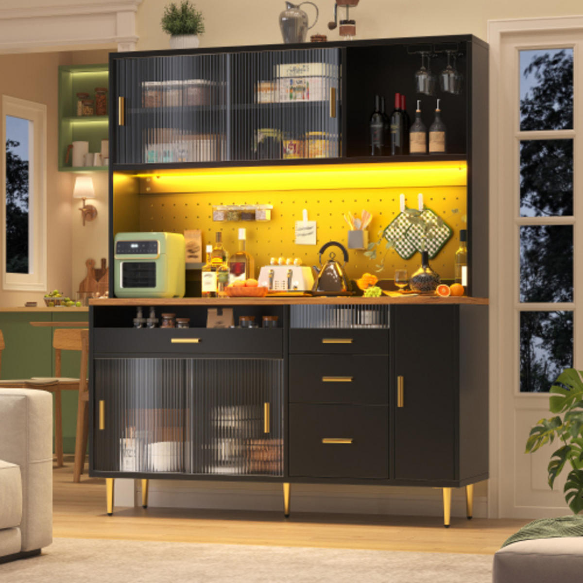 HOCHVITRINE 145×39×171 cm aus MDF und Glas mit App-gesteuerter LED-Beleuchtung, schwarz - Schwarz, Holzwerkstoff (145/171/39cm) - Luhomfu
