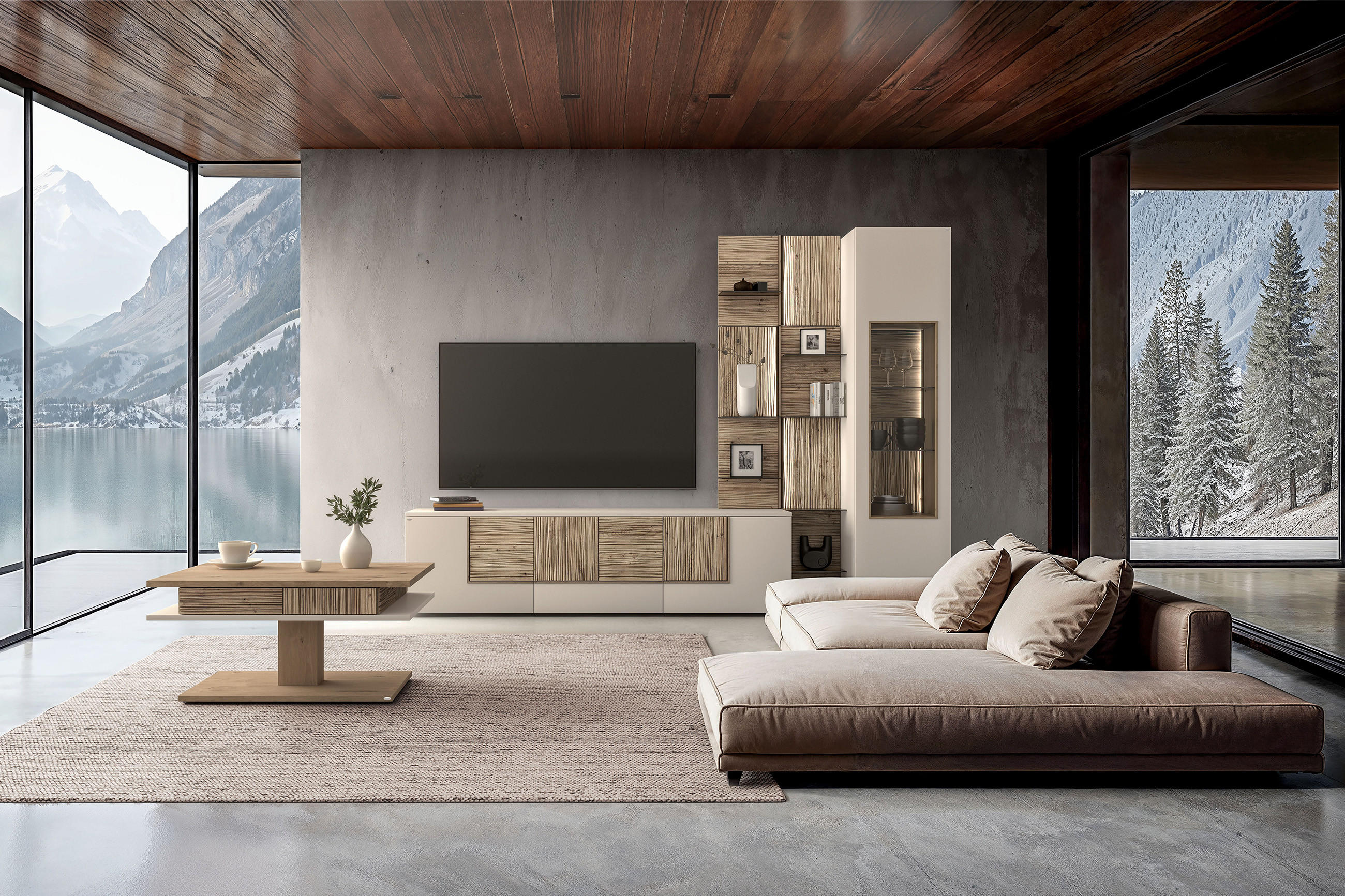 Modernes Wohnzimmer mit TV und beige Couch