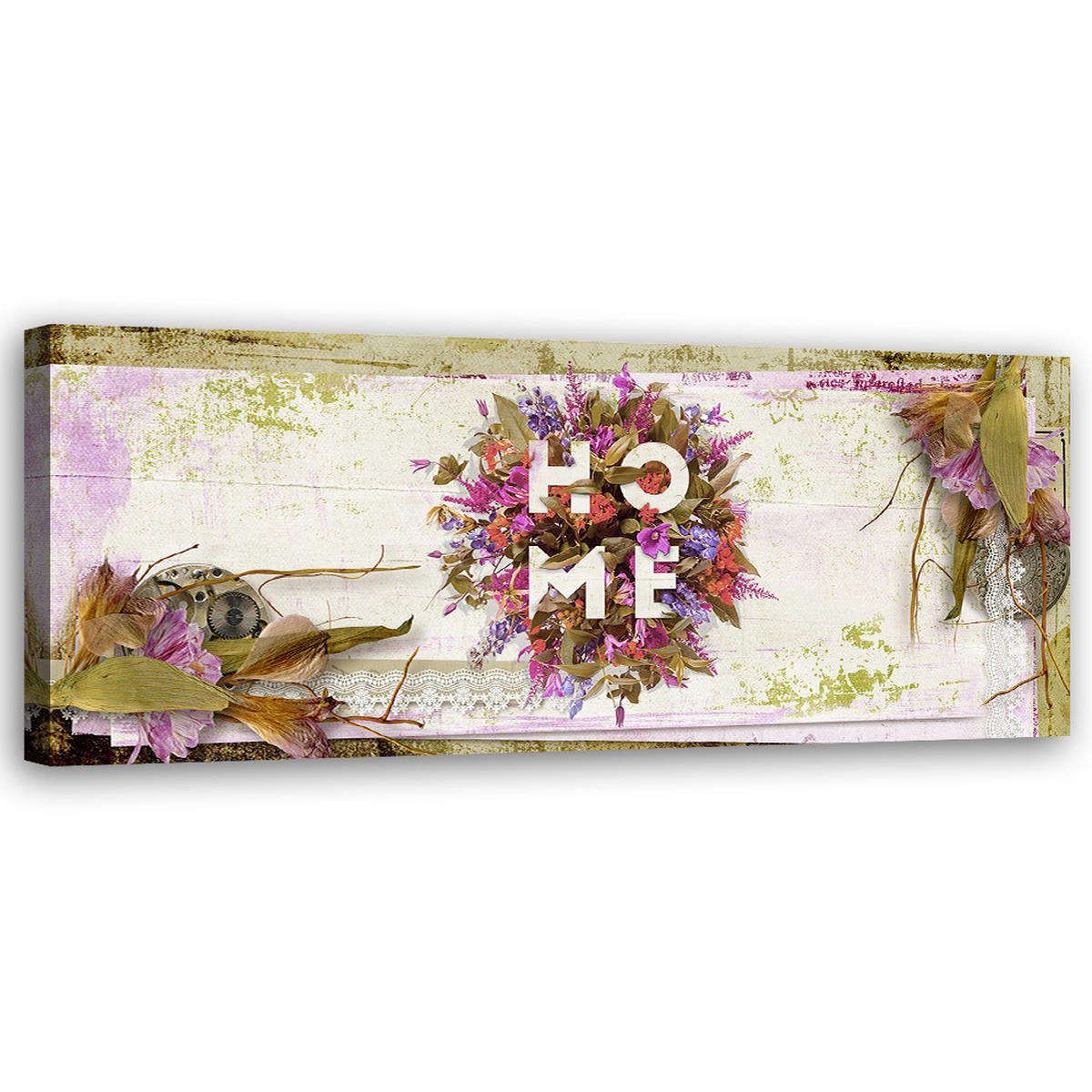 WANDBILD home beschriftung mit blumen - Grün, Textil (90/30cm) - Feeby