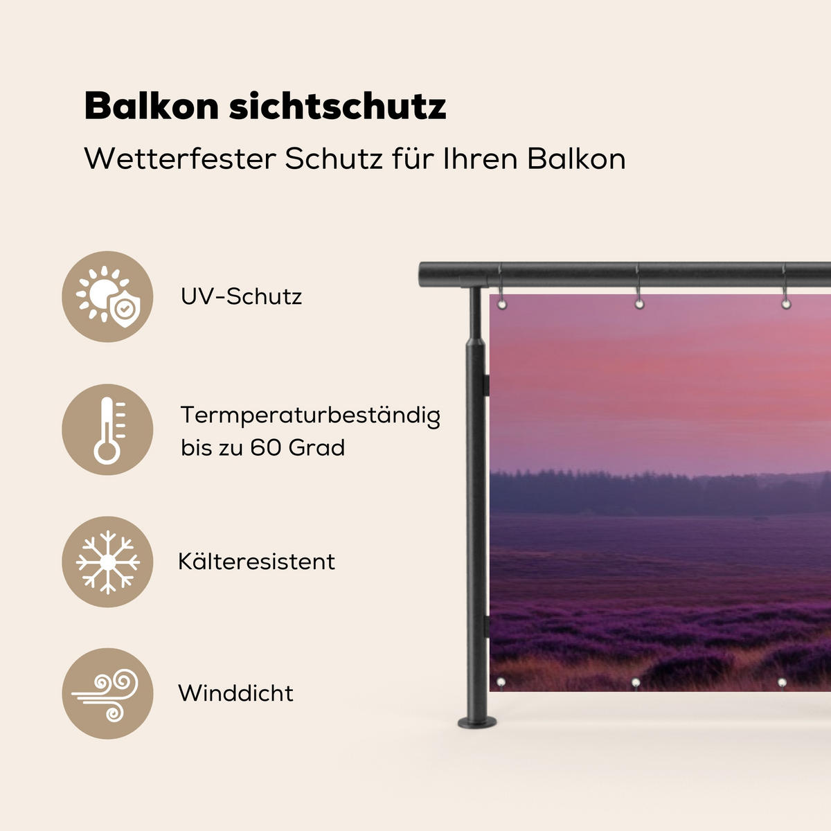 BALKON-SICHTSCHUTZ Baum - Heidekraut - Sonnenaufgang - Flieder, Kunststoff (500/110cm) - MuchoWow