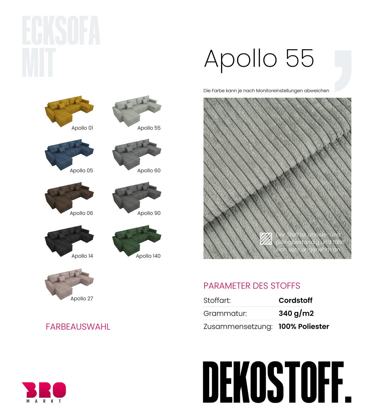 WOHNLANDSCHAFT Dexter U mit Schlaffunktion Grau Cord - Grau, Textil (310/80/141cm) - Bromarkt