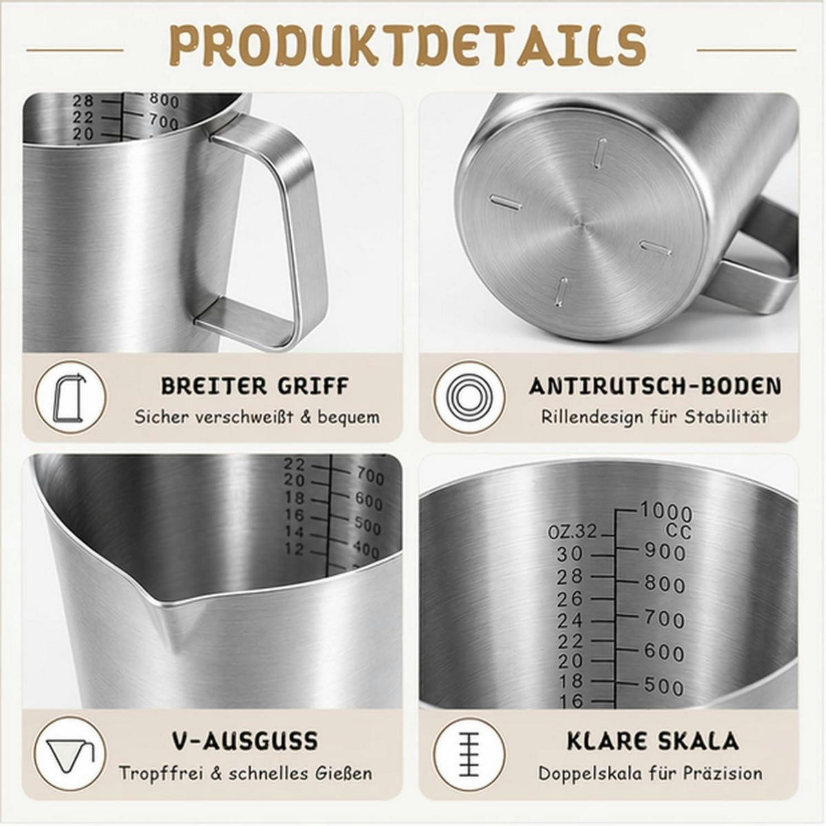 MESSBECHER Edelstahl 1L mit Skala - Silberfarben, Metall (1L)