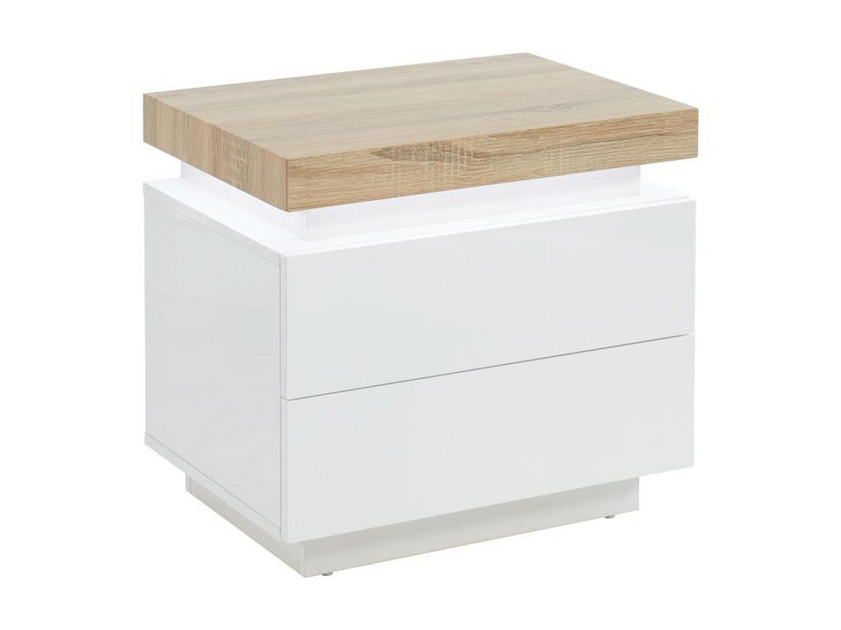 2ER-SET Nachttische mit 2 Schubladen & LEDs - MDF lackiert - Weiß & Eichefarben - HALO II - Naturfarben, Holz (40/50/55cm) - Vente-Unique