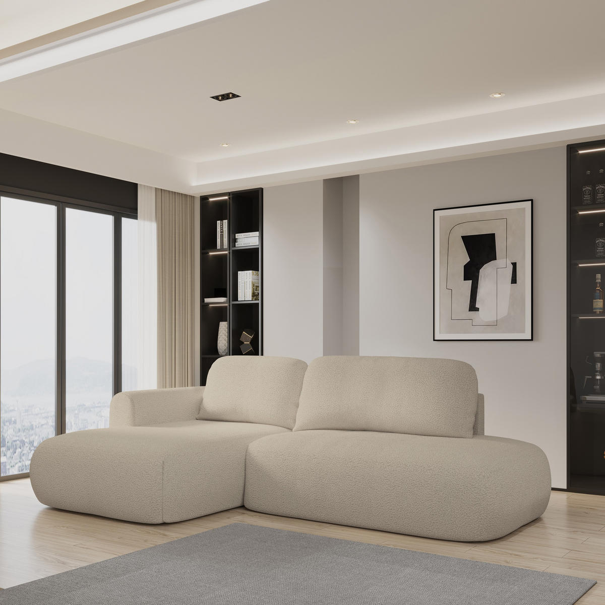 ECKSOFA NUVIRA L-S Beige Boucle-Stoff mit Schlaffunktion - Beige, Holz (274/165cm) - MASSENO