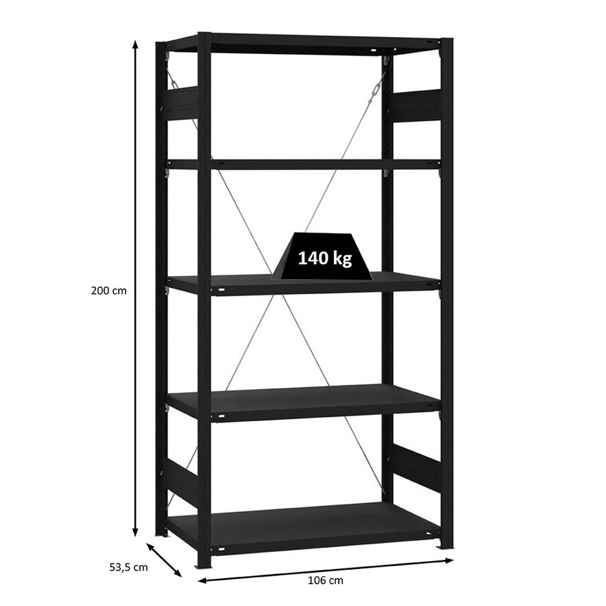 WOHNREGAL Motemo 200x100x50cm 5 Ebenen je 150kg Fachlast Matt-Schwarz - Schwarz, Metall (100/200/50cm) - PROREGAL