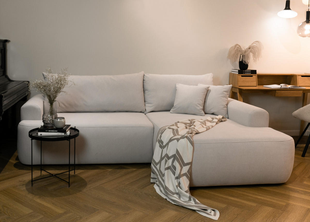 ECKSOFA Ovo Hellbeige Velours - Ecru/Schwarz, Kunststoff/Textil (260/165cm) - Selsey