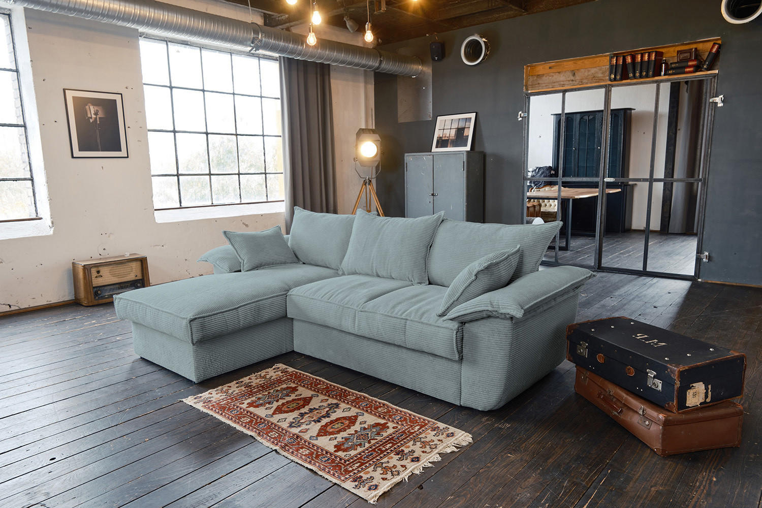 ECKSOFA DAMETO Hellblau Cord - Schwarz/Hellblau, Kunststoff/Textil (266/174cm) - KAWOLA