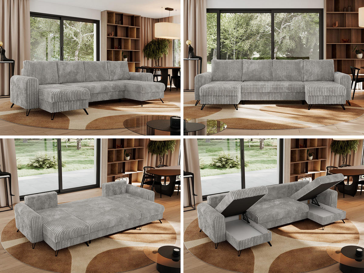 WOHNLANDSCHAFT AXEL U Cord Hellgrau - Hellgrau/Schwarz, Textil/Metall (312/90/140cm) - MKS