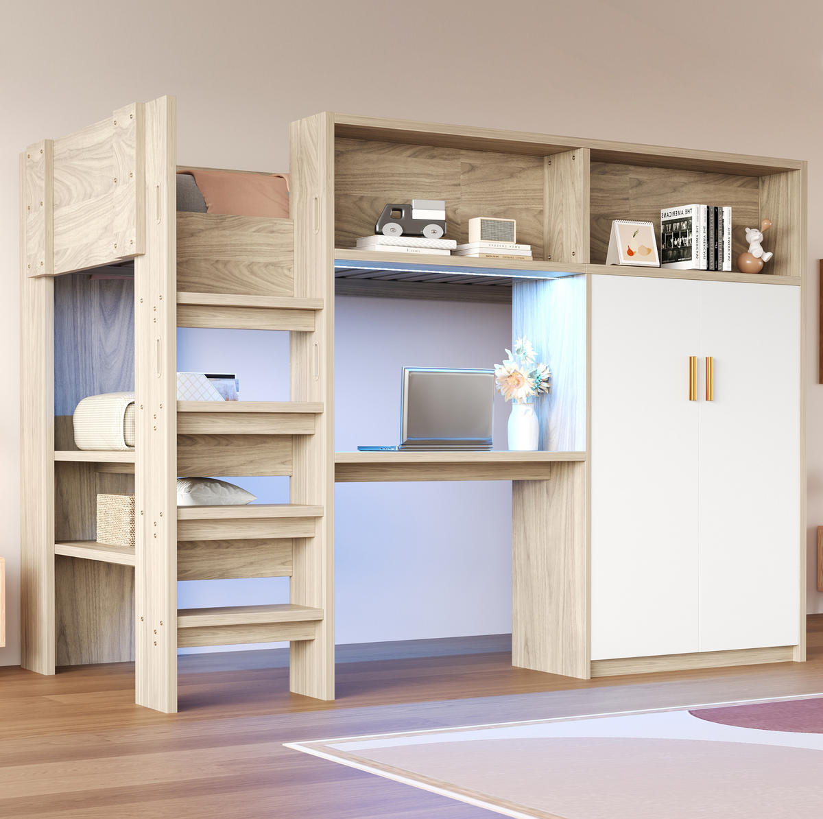HOCHBETT 90/200 cm Holzfarbe mit Schreibtisch, Kleiderschrank und LED - Naturfarben, Holzwerkstoff (90/200cm) - MIVRAY