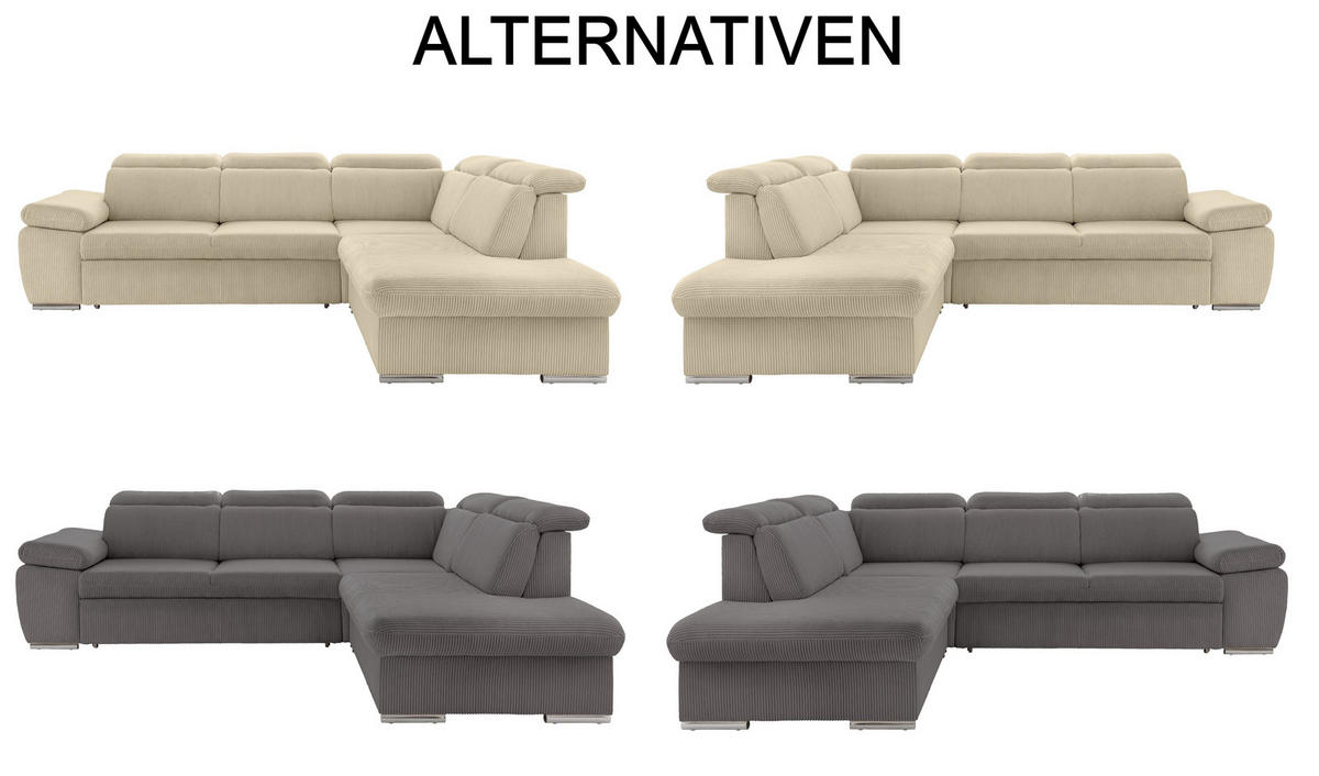 ECKSOFA mit Schlaffunktion, Bettkasten, Kopfstützen verstellbar, Wellenunterfederung, Ottomane links B283/T228/H102 cm, Cord Grau Anthrazit / 17219 - Chromfarben/Schieferfarben, Textil/Metall (283/228cm) - luma-home