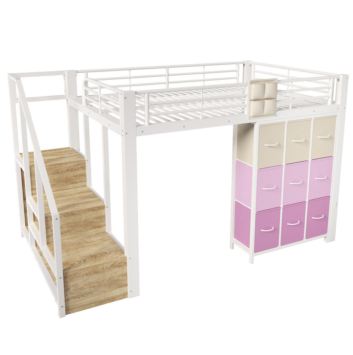 HOCHBETT 140/200 cm aus Metall und MDF mit Schubladen, Kleiderstange und Stauraumtreppe, Weiß - Weiß, Holzwerkstoff (140/200cm) - Redom