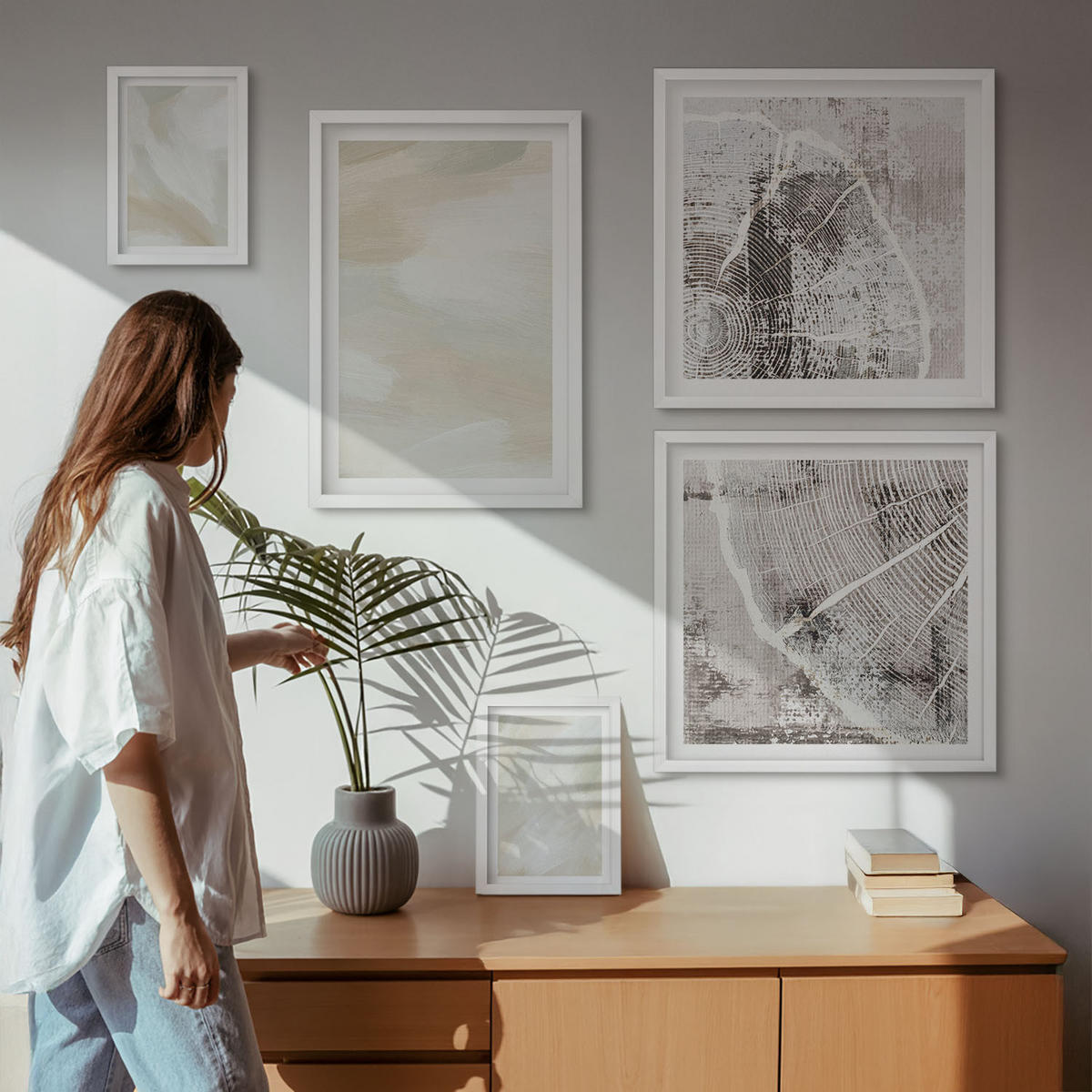 BILDER SET 5er Set - 50x50 cm & 20x30 cm & 40x60 cm Weißer Rahmen - Minimalismus der Farbstruktur - Weiß, Kunststoff (40/60cm) - TULUP