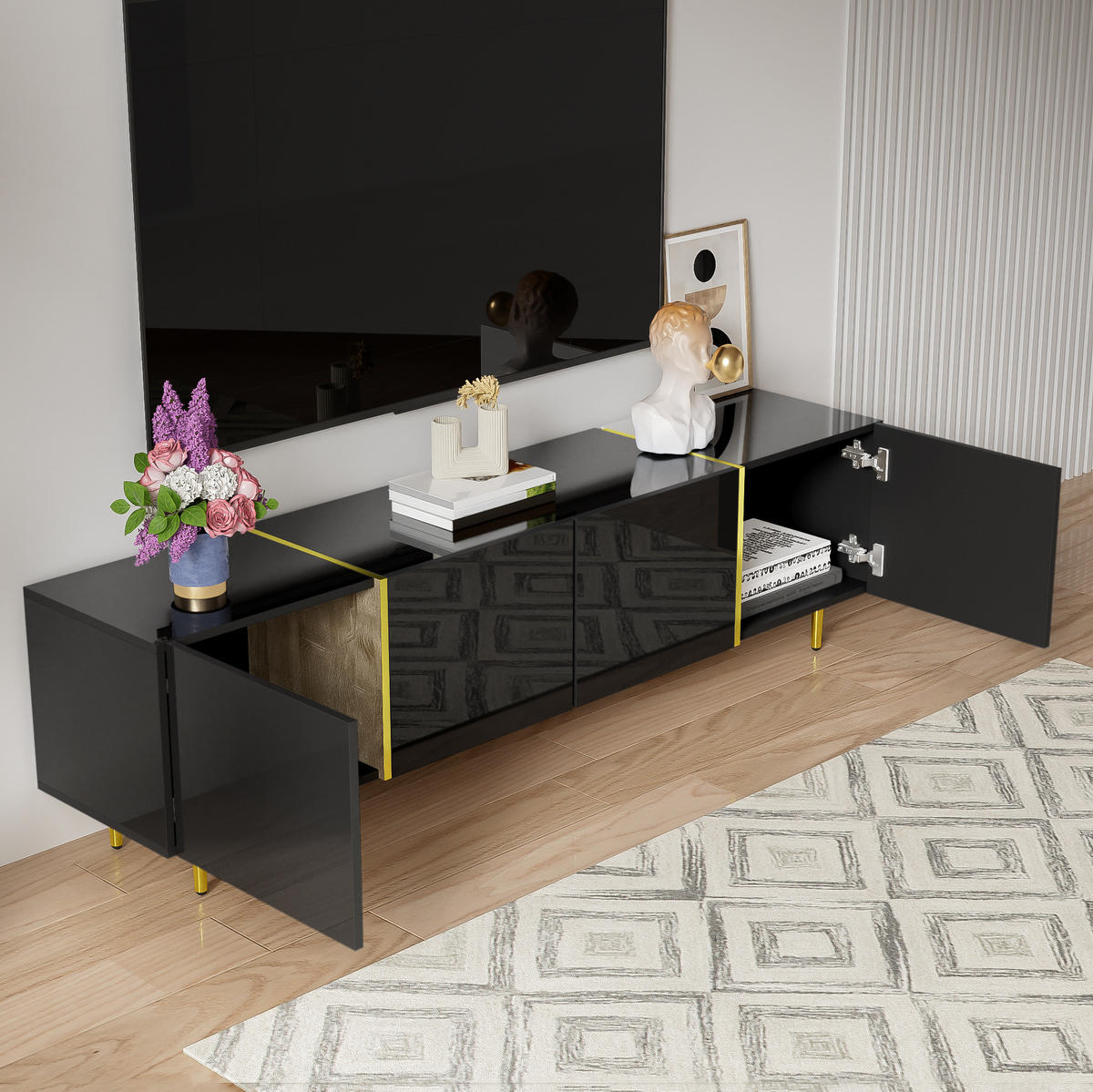 TV-SCHRANK aus MDF 170x35x46 cm Schwarz mit 4 Türen, Hochglanzoberfläche und Soft-Close-Scharnieren - Schwarz, Holzwerkstoff (170/46/35cm) - Modfu