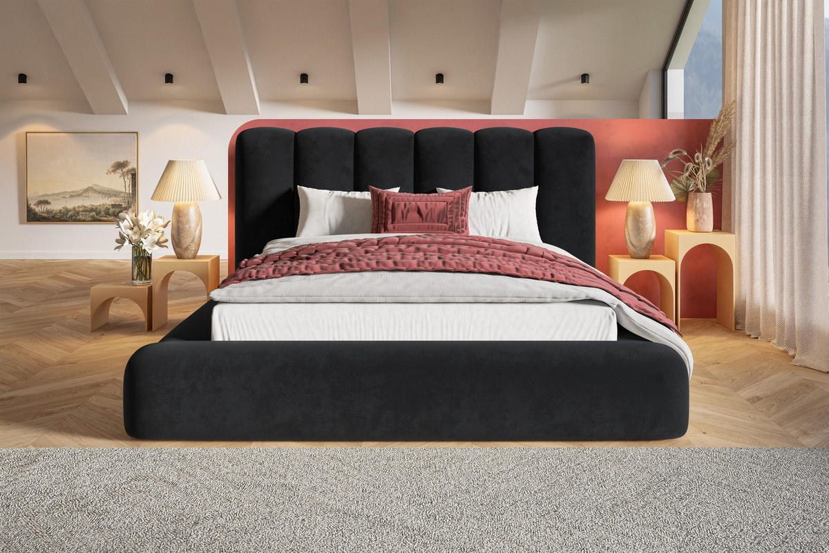 DOPPELBETT 140x200 cm Lumaro mit Dicker Schaum und Bettkasten, Schwarz - Schwarz, Holz/Textil (140/200cm) - Emporius